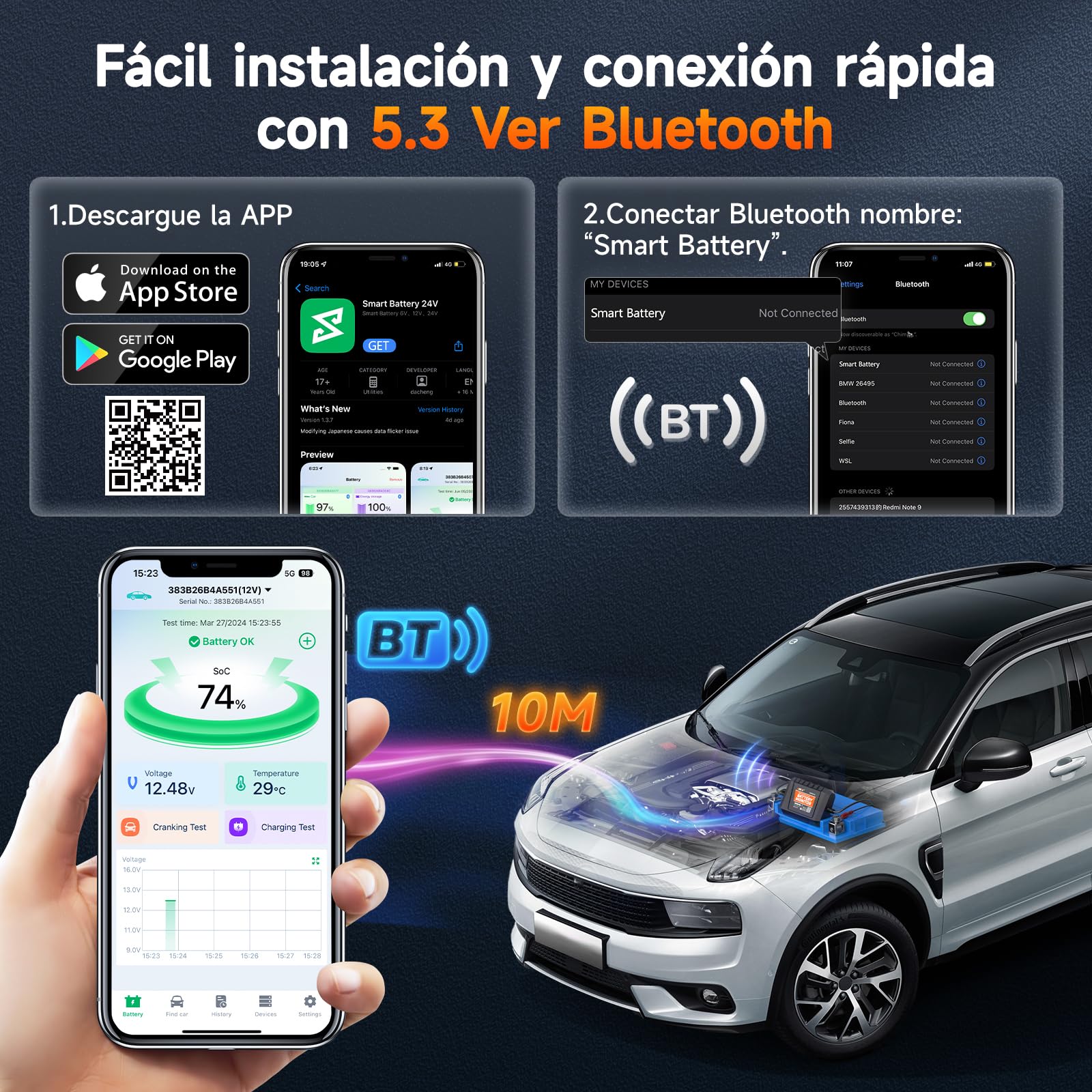 (BM200 actualizado) ANCEL BM300PRO Monitor de Batería de Coche 6V 12V 24V, Bluetooth 5.3 Probador de Baterias con Carga, Prueba de Sistema de Arranque y Alarma, IP67 Impermeable para Camión Moto Barco