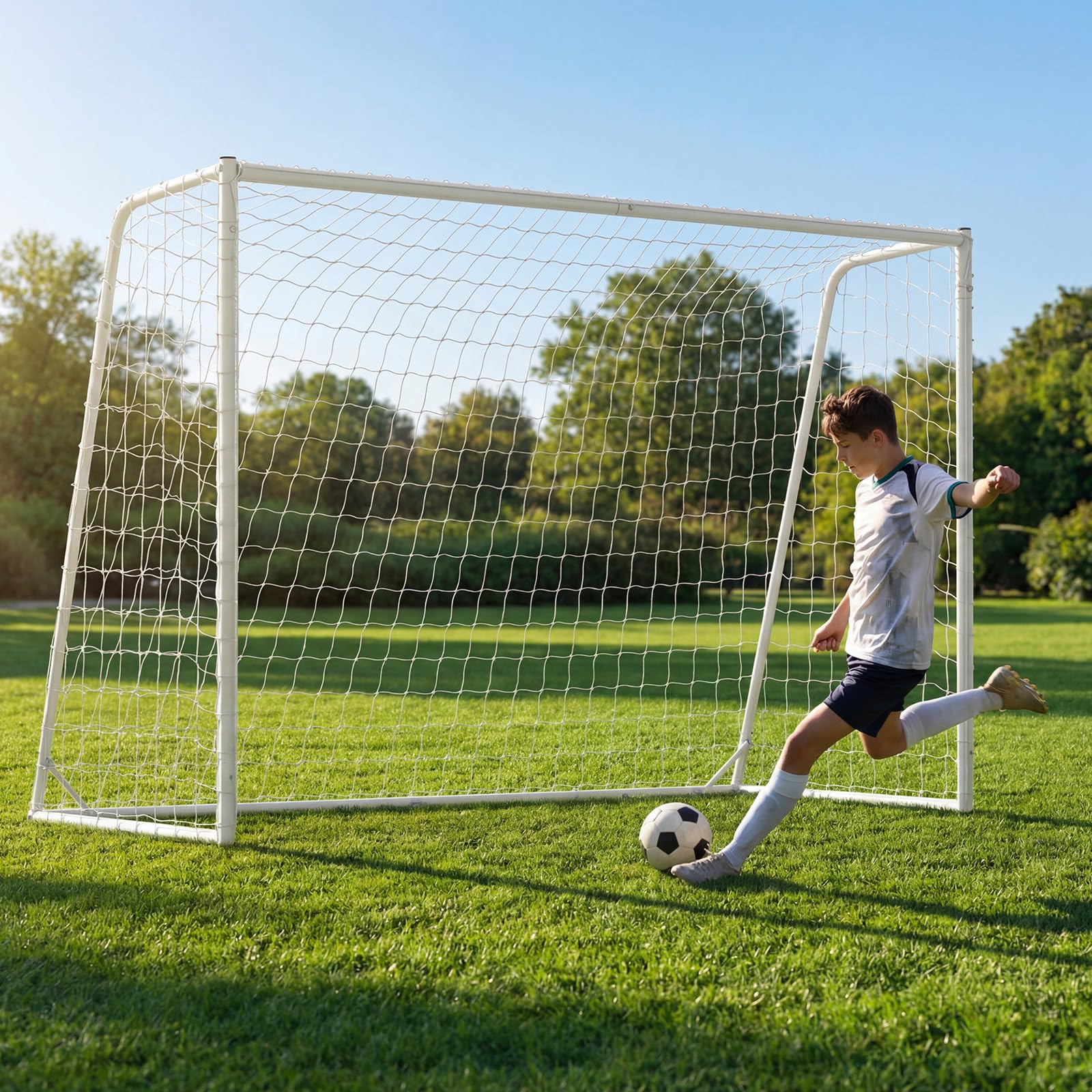 COSTWAY Porta da Calcio 300 x 204 cm con Telaio in Metallo, Rete in PE, 8 Picchetti e 16 Fascette, Facile Montaggio, Attrezzatura per Allenamento Calcio per Bambini, Giovani e Adulti