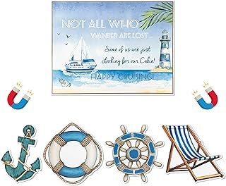 JAPBOR 5PCS Cruise Door Magnet, Sea Navigation Refrigerator Car Ship Magnetic Decal, Happy Cruising Magnets Door Decoration, Wheel Recliner Anchor Lifebuoy Fridge Stickers for Carnival Party