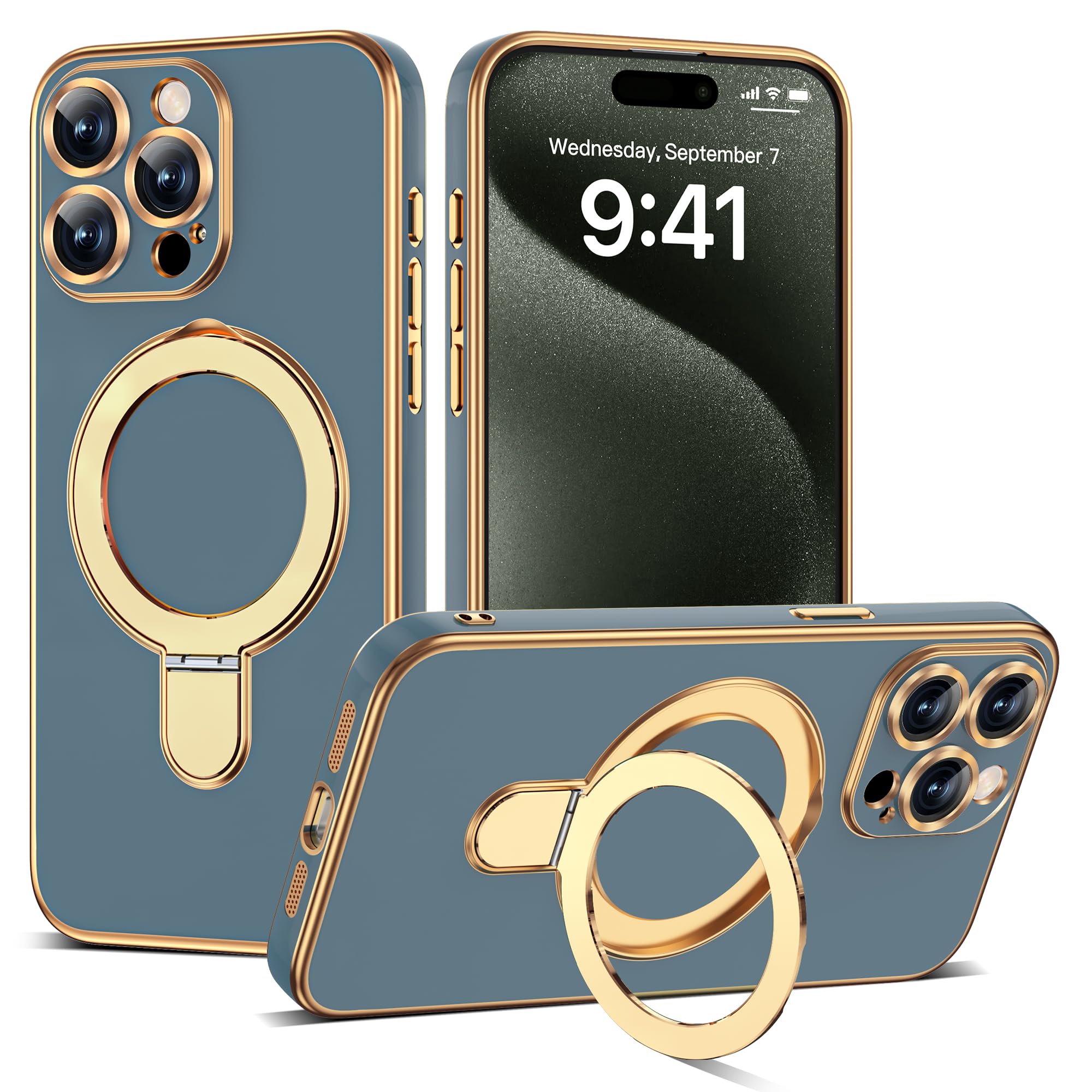 Photo 1 of ETPESOK Compatible with iPhone 15 Pro Max Case with Magnetic Ring Stand [Compatible with Mag-Safe] [Full Camera Lens Protector] Soft Plating Phone Case for iPhone 15 Pro Max 6.7", Grey Blue