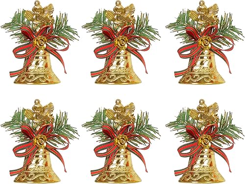 LAPUTA Adornos de Navidad 6 campanas de Navidad con agujero para colgar corbatín realista de Navidad cinta roja dorada accesorios para bodas