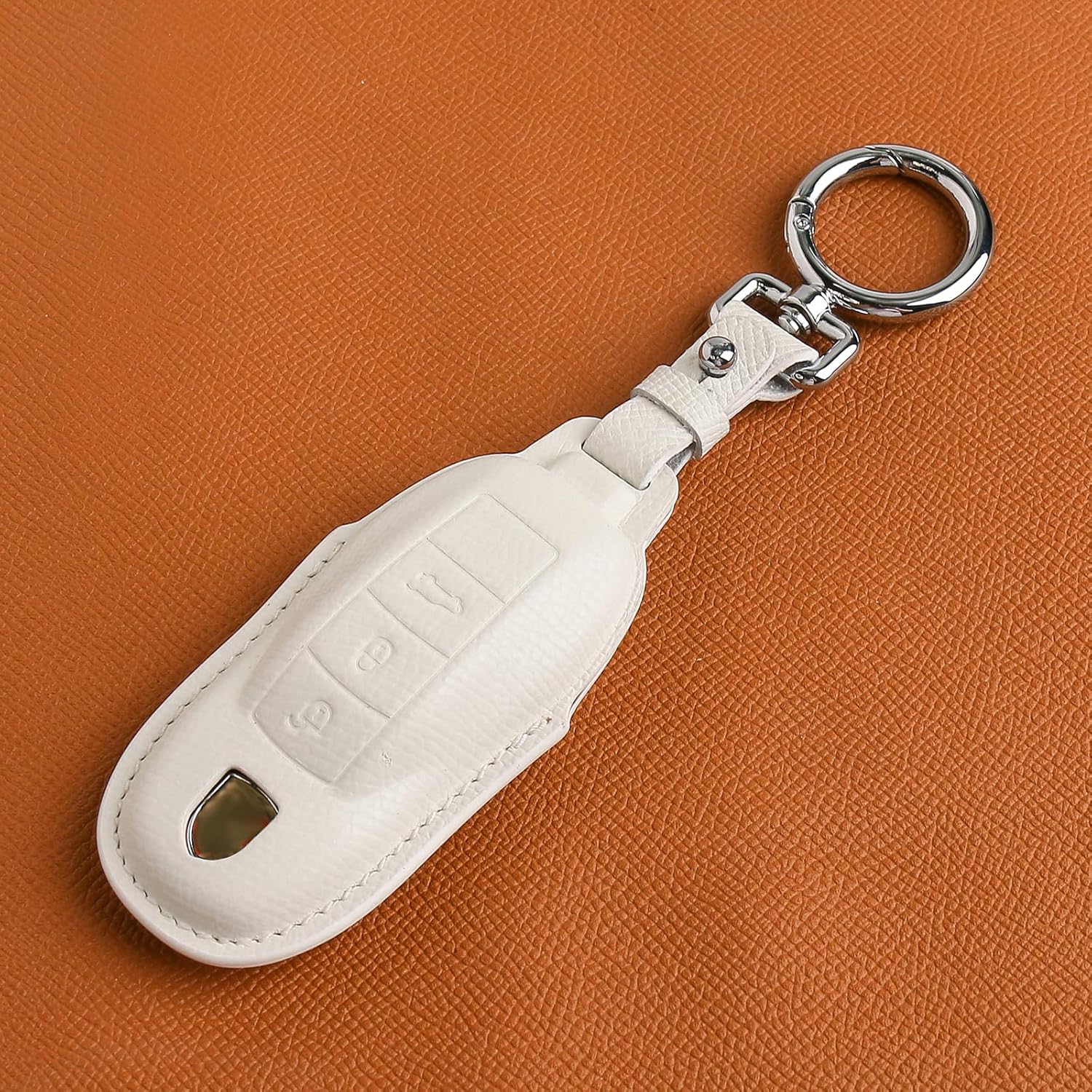 Leather Key Fob Cover，with Keychain Key Shell Case Compatible with Porsche Panamera, Macan, Cayenne, 911, 718（3-Button，White - Image 9