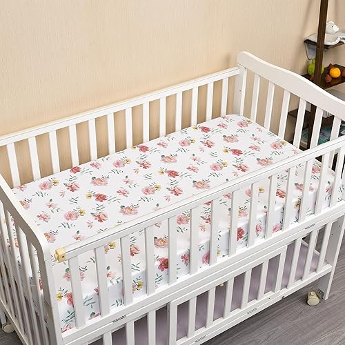 Miniatura 2 de PHF Sábana bajera suave y floral para cuna, paquete de 2 sábanas sedosas y cómodas y transpirables para niñas, 28 x 52 x 9 pulgadas, se adapta a