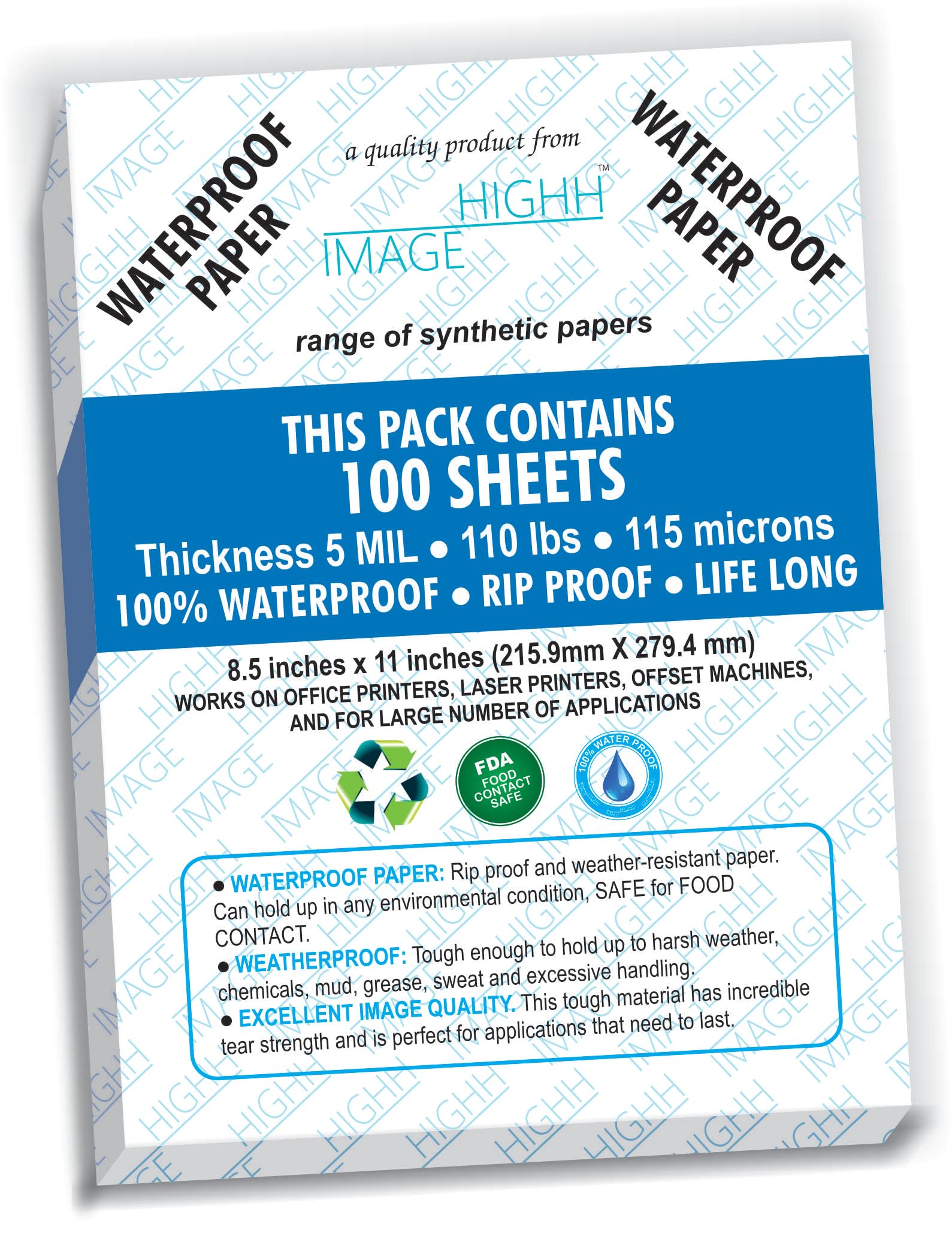 Waterproof Paper | 100 Sheets, Thickness 5 MIL 110 LB, Synthetic Paper, 8.5X11 from HIGHH IMAGE | Print With Laser Printers