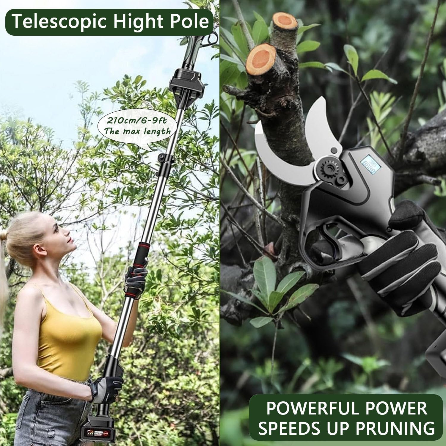 Potatore Telescopico per Alberi, Forbici Elettriche a Batteria da 50mm con Asta da 1.3-2.1M, 2 Batterie da 4500 mAh, Forbici da Potatura per Vigneti, Ulivi, Giardinaggio