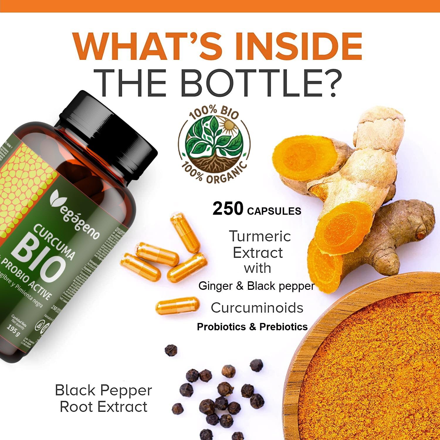 Cúrcuma con Jengibre y Pimienta Negra Bio – 250 Cápsulas con Probióticos (200 millones de UFC) y Prebióticos (Inulina Orgánica) – Curcumina y Piperina – VEGAGENO
