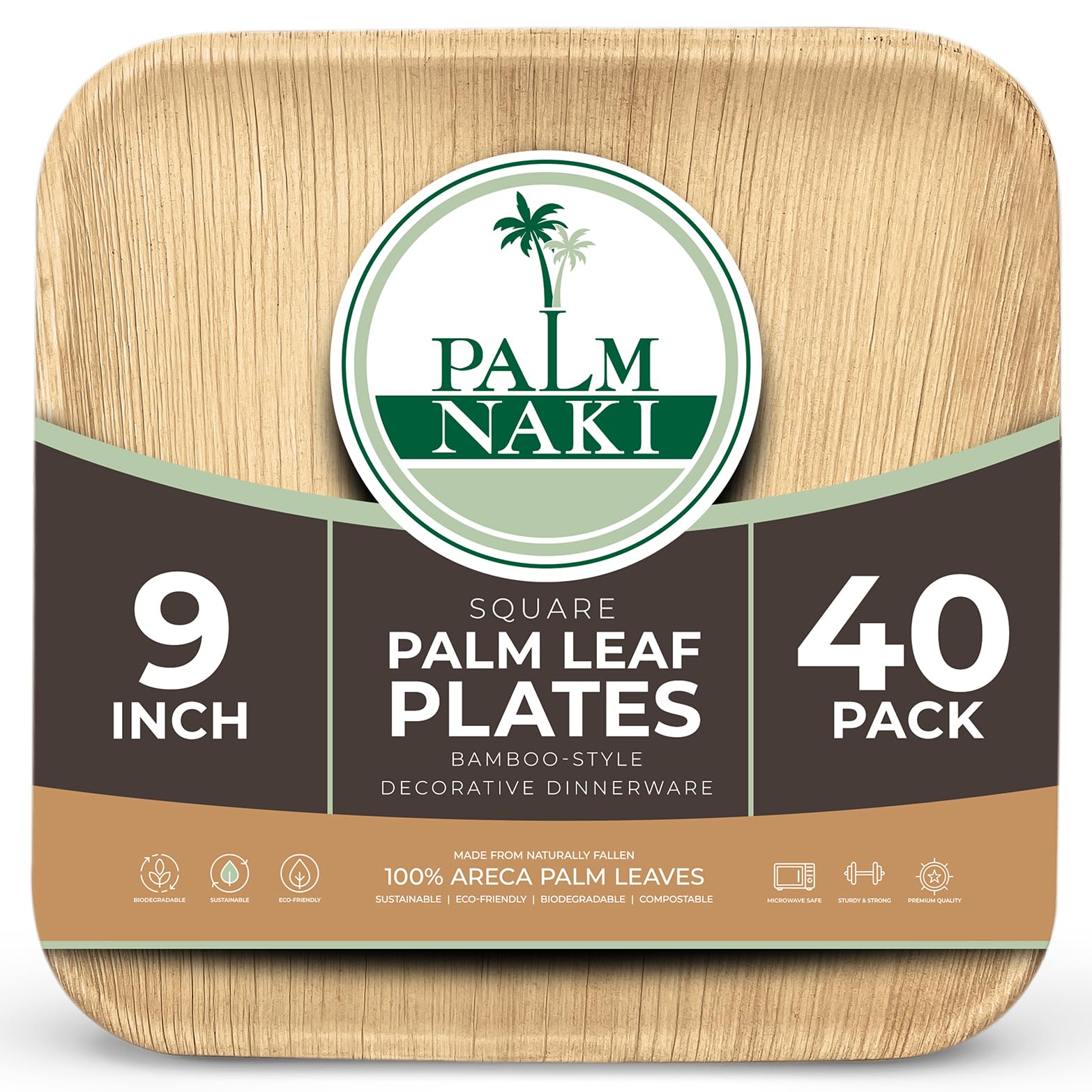 PALM NAKI Square Palm Leaf Plates (40 Count) - Disposable Dinnerware, Eco-Friendly, Bamboo-like Compostable and Biodegradable Plates (9" Plates)