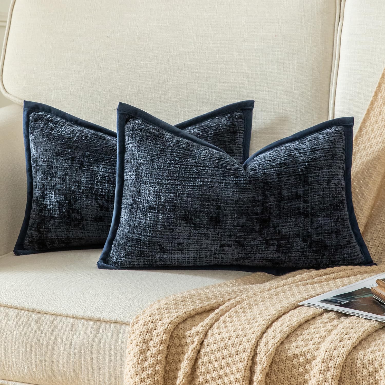 Yaertun Pack of 2 Chenille Textured Decorative Throw Pillow Covers Accent Solid Cushion Cover Soft Cozy Pillow Case with Velvet Back for Couch Sofa