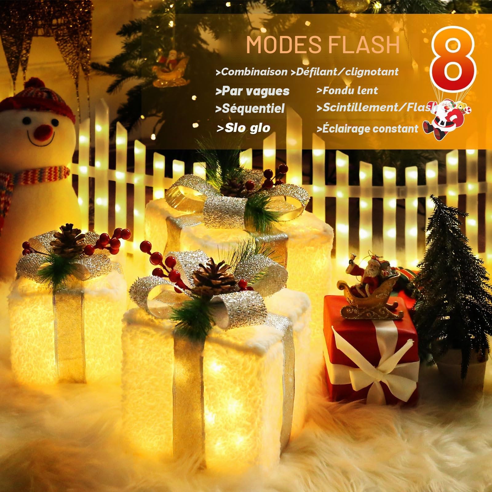 Quntis Boîtes à Cadeaux Lumineuses, 60 LEDs Décoration de Noël，Neige | Lot de 3 Boîtes Lumineuses Décoration Éclairage de Noël Intérieur/Extérieur Déco Lumière
