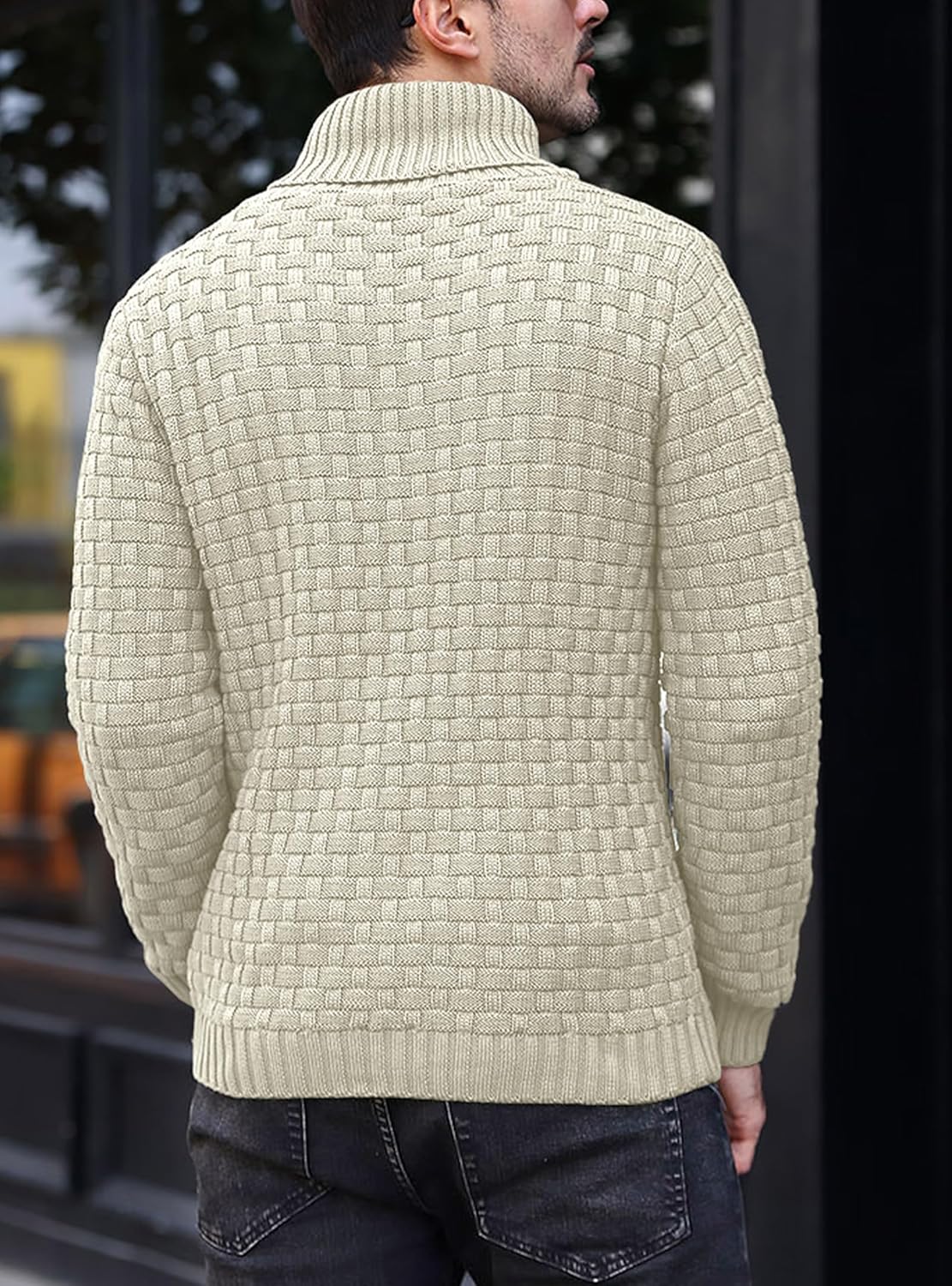 Mens Casual Pullover Fall Winter Turtleneck Cable Knit v Neck Fisherman Waffle Sweater - Image 4