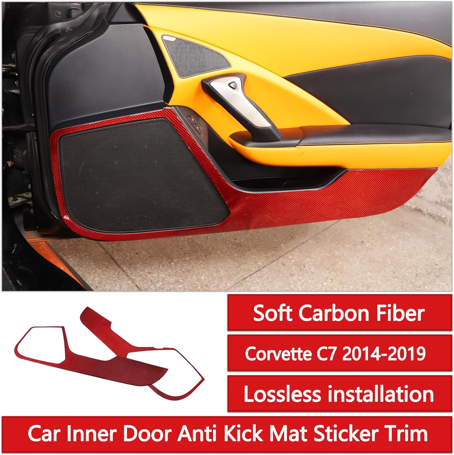 Car Door Anti Kick Mat Compatible with Chevy Corvette C7 2014-2019,Carbon Fiber Car Door Anti Collision Pad 2PCS,Interior Door Panel Protector Trim Accessories (All Inclusive-Red Carbon)