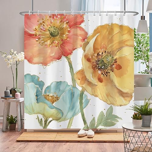 Cortina de ducha con flores de acuarela, juego de cortina de ducha floral amarilla para baño, cortina de baño de tela minimalista natural naranja
