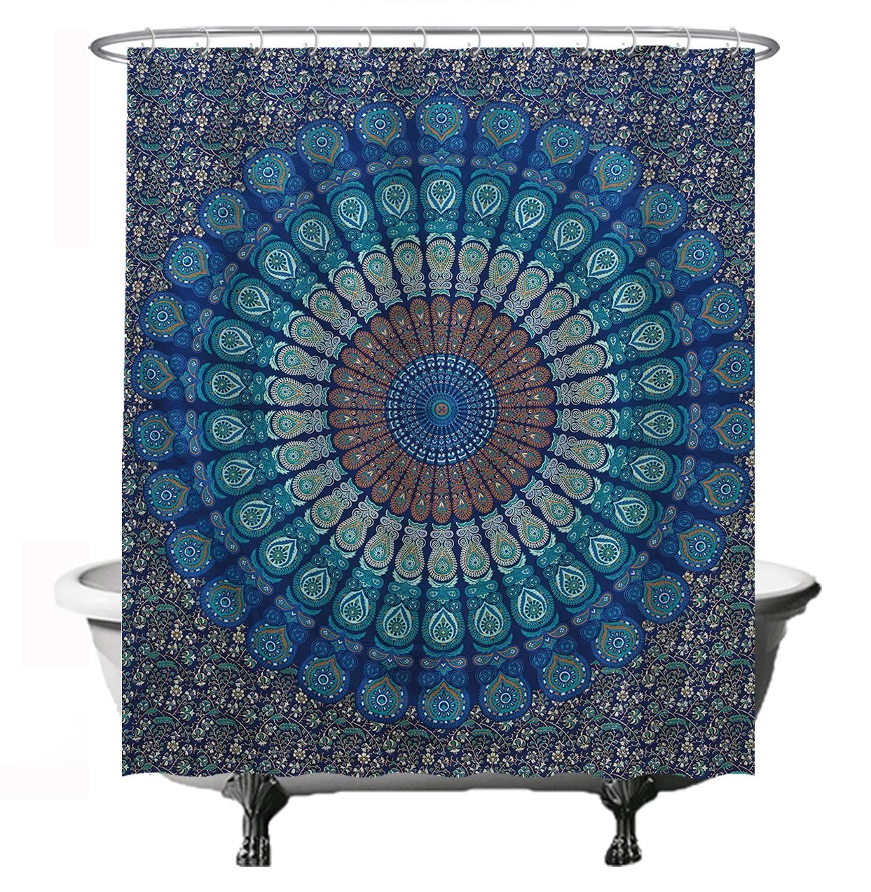 Ulticool Mandala Blue Mandala Shower Curtain, 180 X 200 Cm, Washable, Anti-Mildew Waterproof, With 12 Rings, Blue