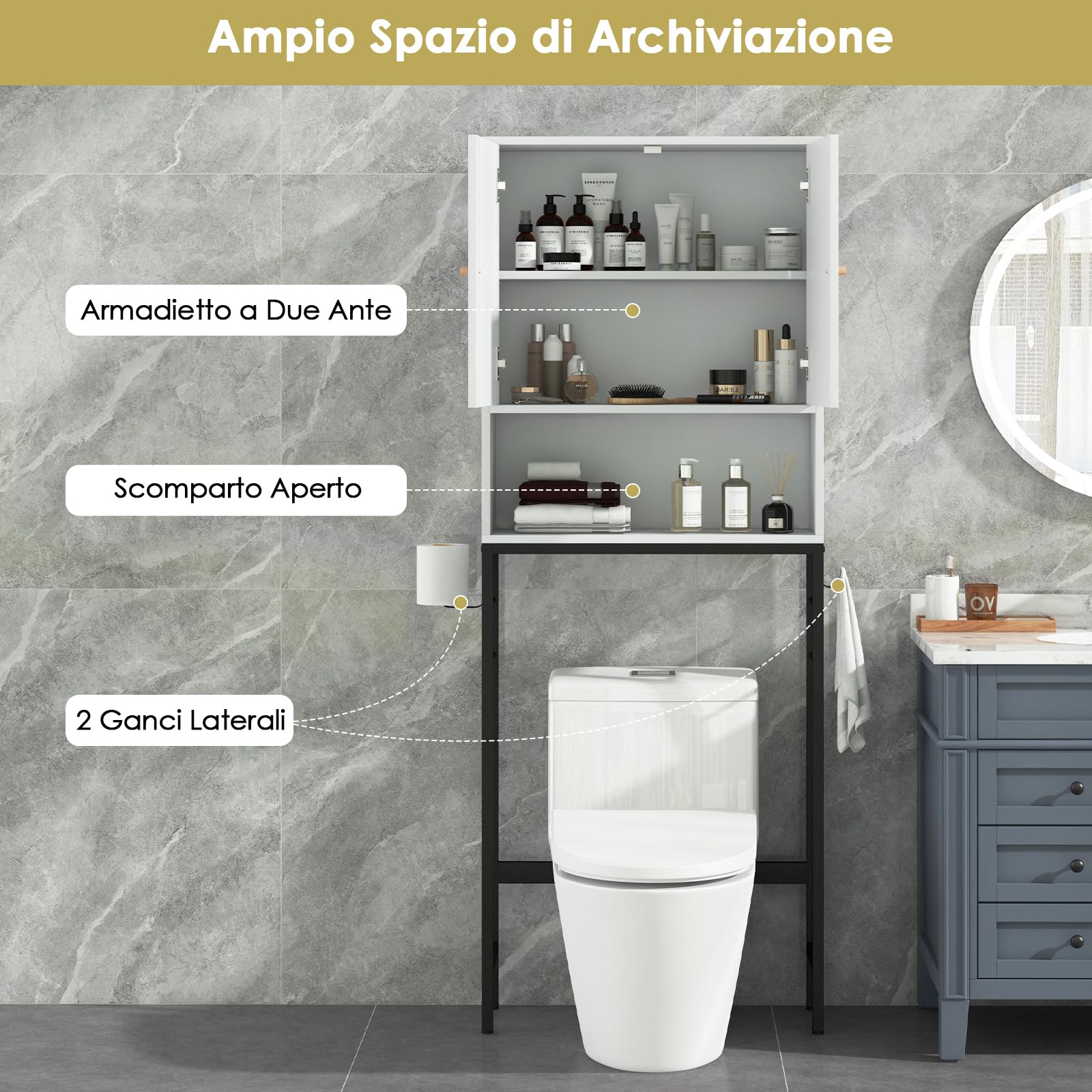 RELAX4LIFE Mobile Bagno sopra WC/Lavatrice, Scaffale Bagno in Bambù con 2 Porte e Mensola Aoerta, Mobiletto Bagno Portaoggetti Salvaspazio, 63 x 23 x 165,5cm (Bianco)
