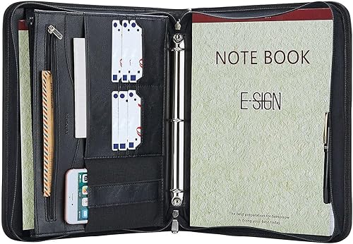 IVESIGN Carpeta con cremallera, organizador de piel sintética con carpeta de 3 anillas, diseño para zurdos, ranuras para tarjetas de visita y