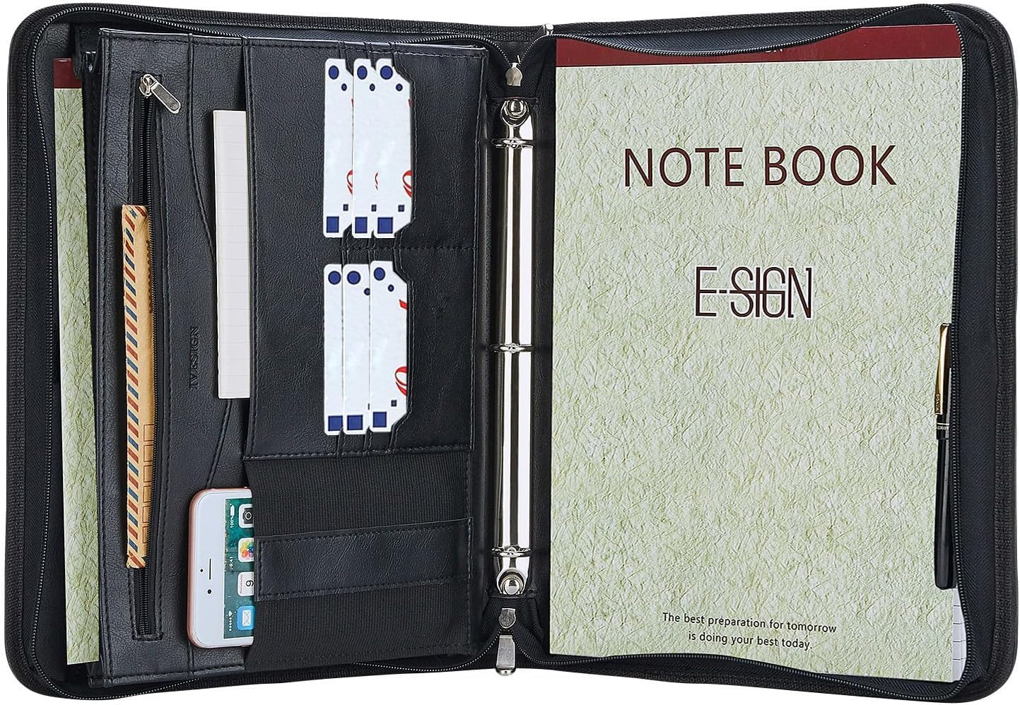 Zippered Padfolio Binder, Faux Leather Organizer with 3-Ring Binder, Left-Handed Design, Business Card Slots & Document Folders - Professional Padfolio for Office (Black)