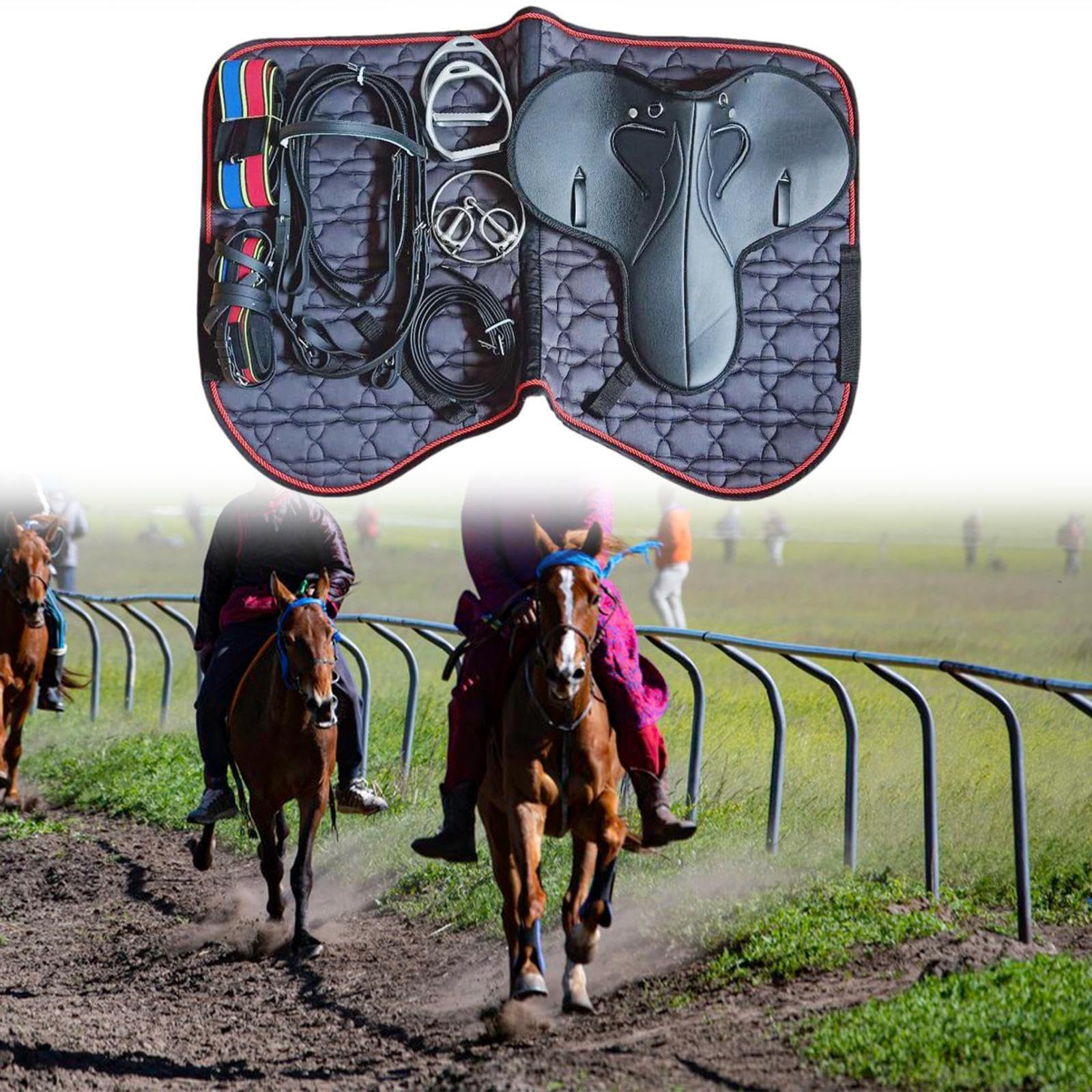 Silla de montar profesional para caballo, combinada con accesorios de colores brillantes que garantizan un alto rendimiento y una apariencia atractiva. Equipo ecuestre.