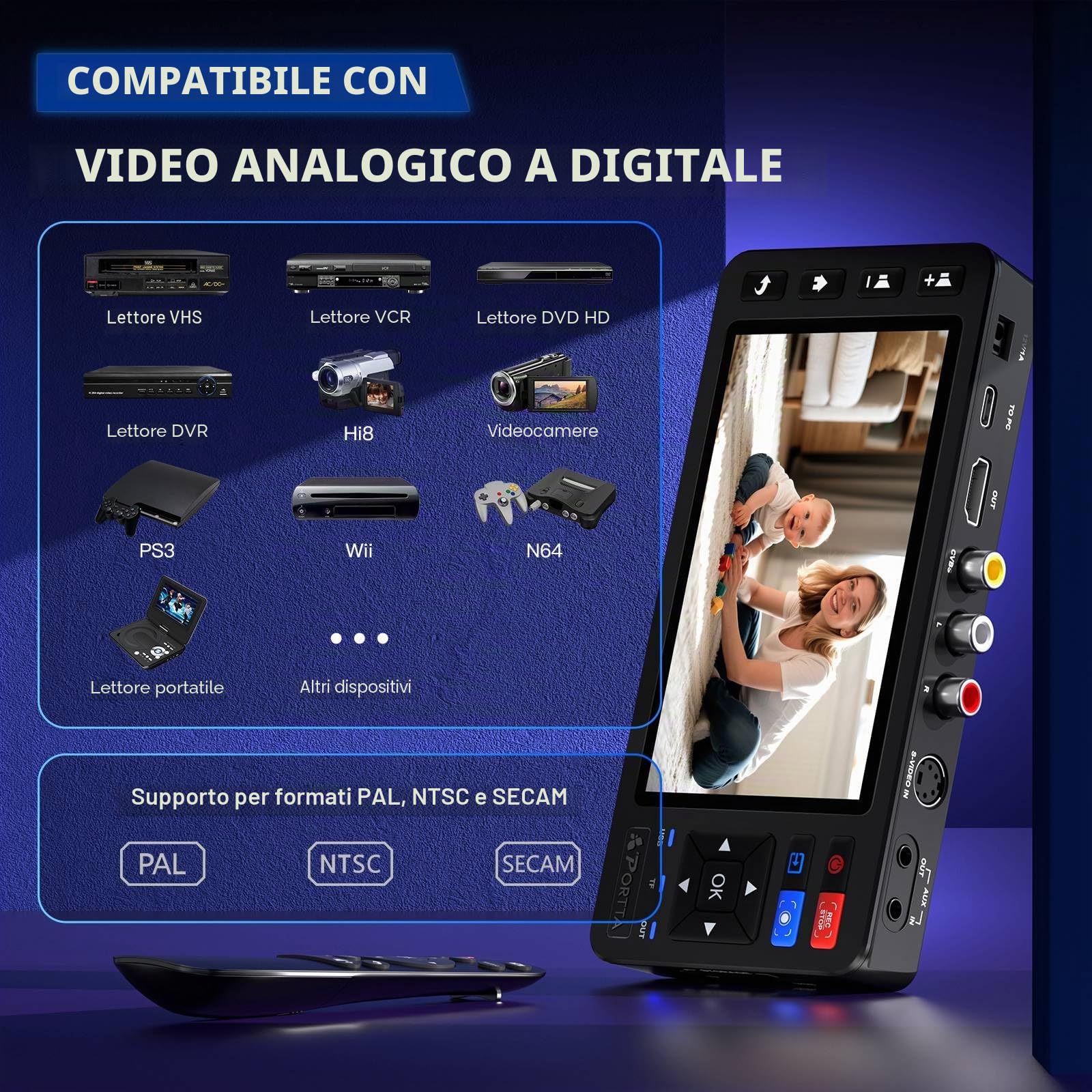 PORTTA Convertitore da VHS a digitale VD20P con schermo HD da 5", registratore video, conversione in MP4, compatibile con VHS, Hi8, Mini DV, console di gioco (richiede lettore VHS/DVD/videocamera)