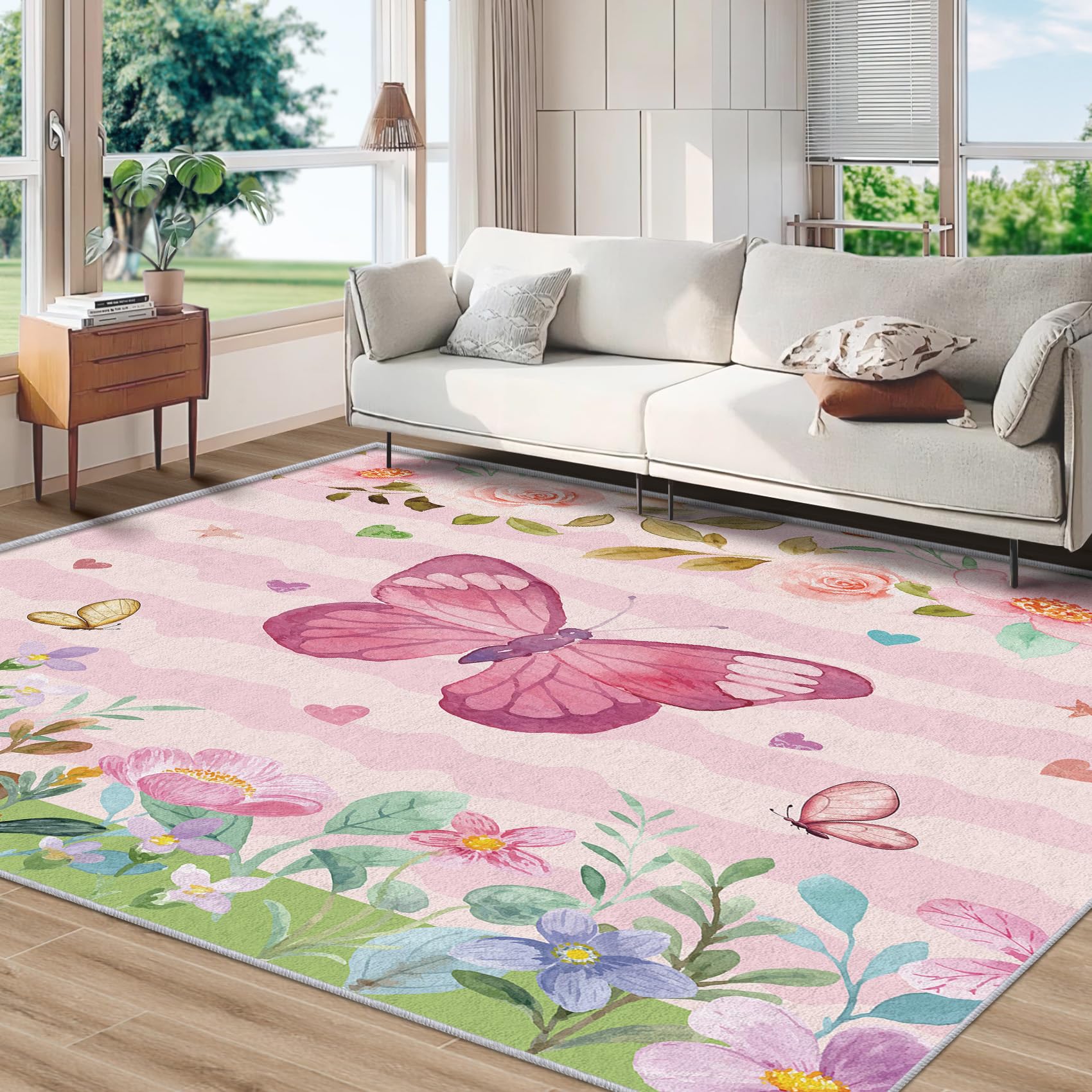 NejTrenzy Alfombra De Mariposa De Dibujos Animados De 8 X 10 Pies, Alfombras Lavables De Mariposas Florales Para Sala De Estar, Dormitorio, Alfombra De área De Flores Para Decoración Del Hogar