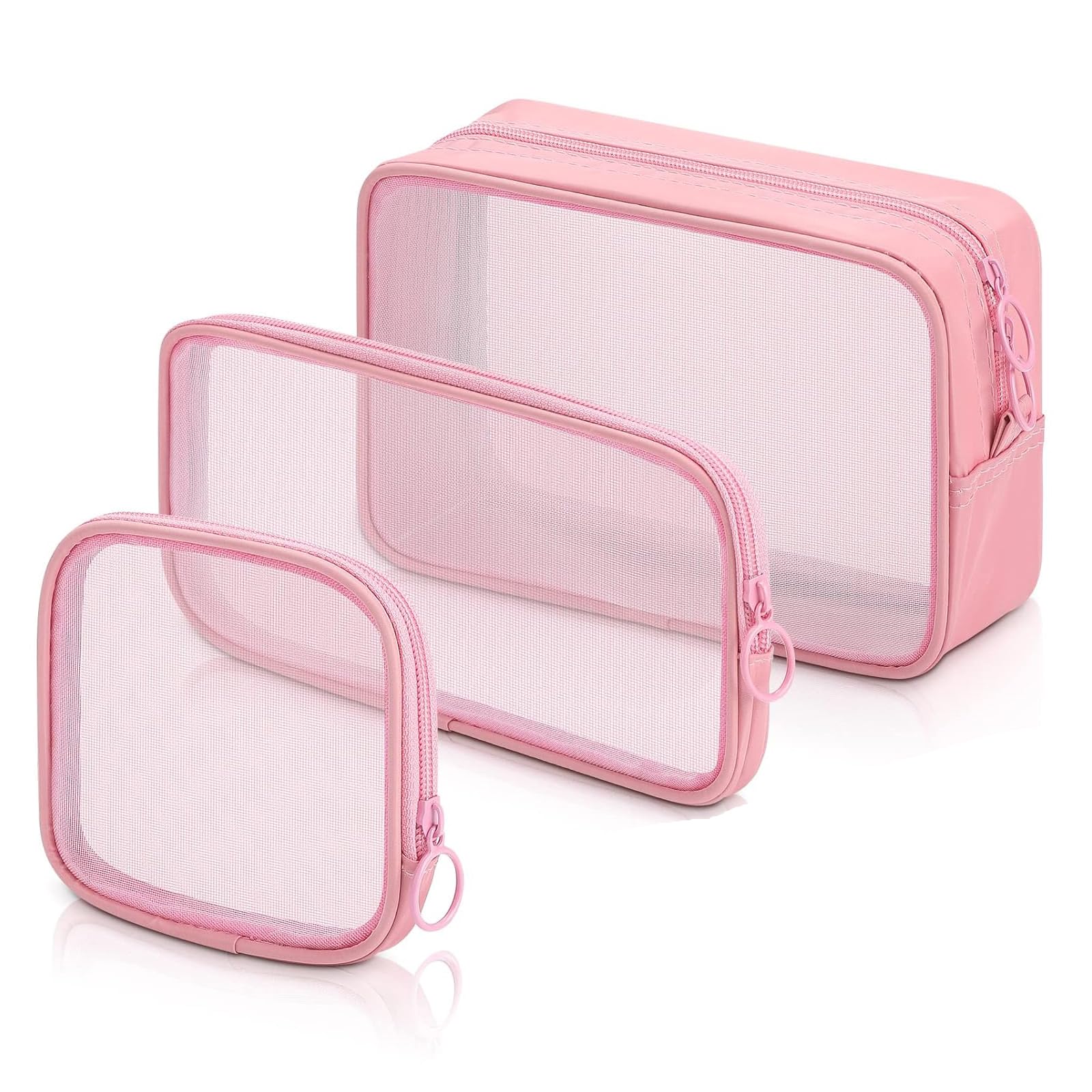 Supkeyer3Pcs Mesh Cosmetic Bag, Mesh Makeup Bag Portable Travel Organizing Pouch Toiletry Bag with Zipper for Home Office Travel Accessories,3 Sizes, Pink, Mesh Makeup Bag With Zipper