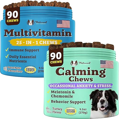 Natural Dog Company Paquete de suplementos multivitamínicos y calmantes, nutrientes diarios y alivio de la ansiedad para perros, apoya la salud de