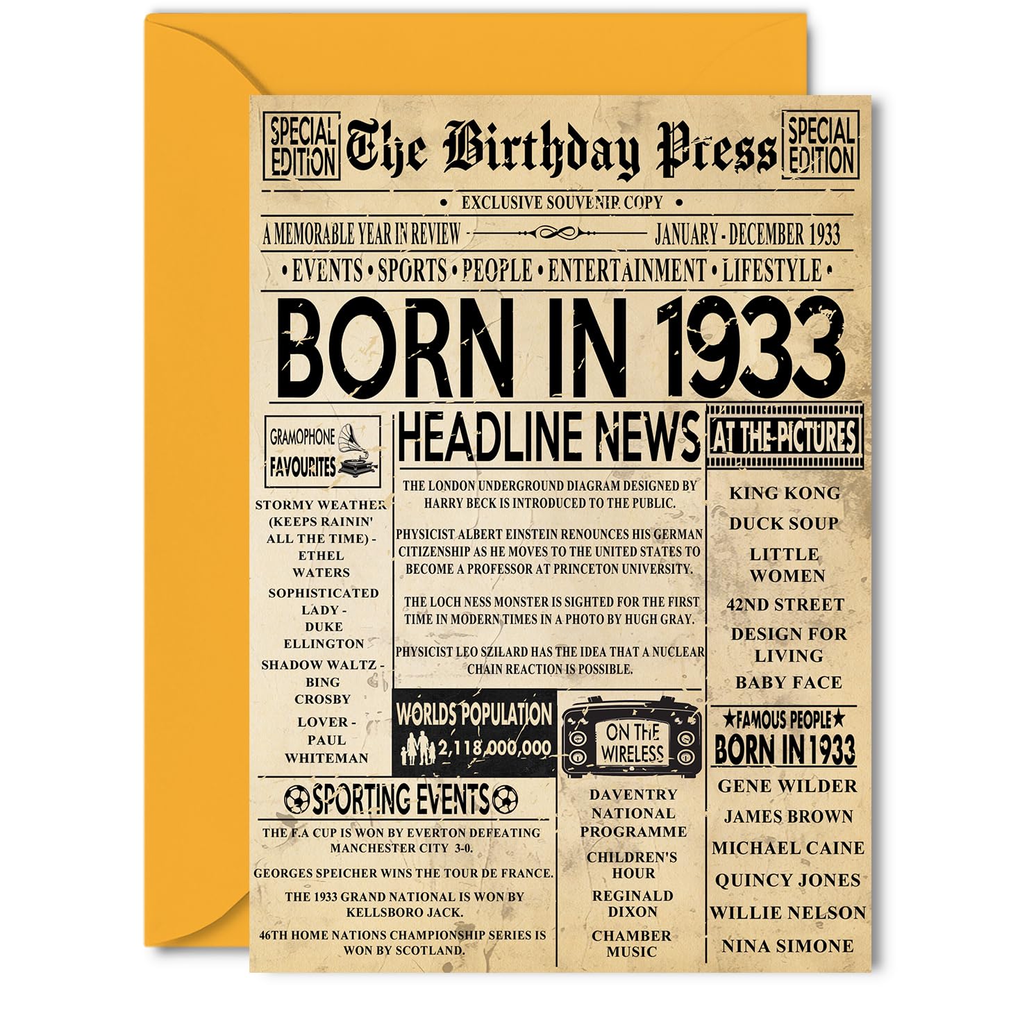 93rd Birthday Card for Women Men - Bday Press Newspaper 1933 - Happy 93 Birthday Cards for Auntie Nanny Dad Wife Husband Nan, 5x7 Inch Bday Greeting Cards