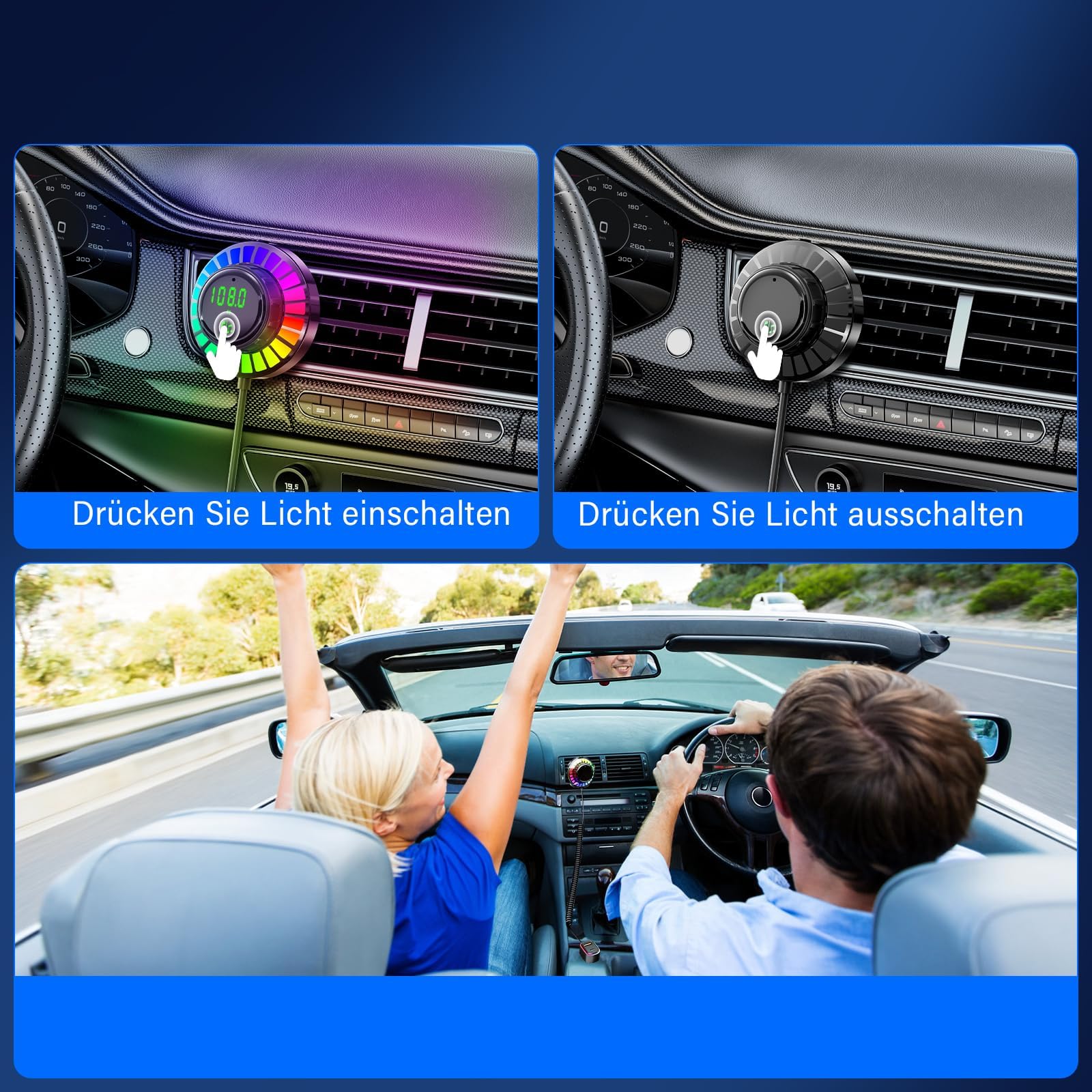 Adattatore Bluetooth Auto FM Transmitter con Luce RGB - Vivavoce Bluetooth 5.3, Caricabatterie PD30W USB-C & QC3.0, Adattatore Bluetooth per Auto per iPhone Android Autoradio OHFAMO