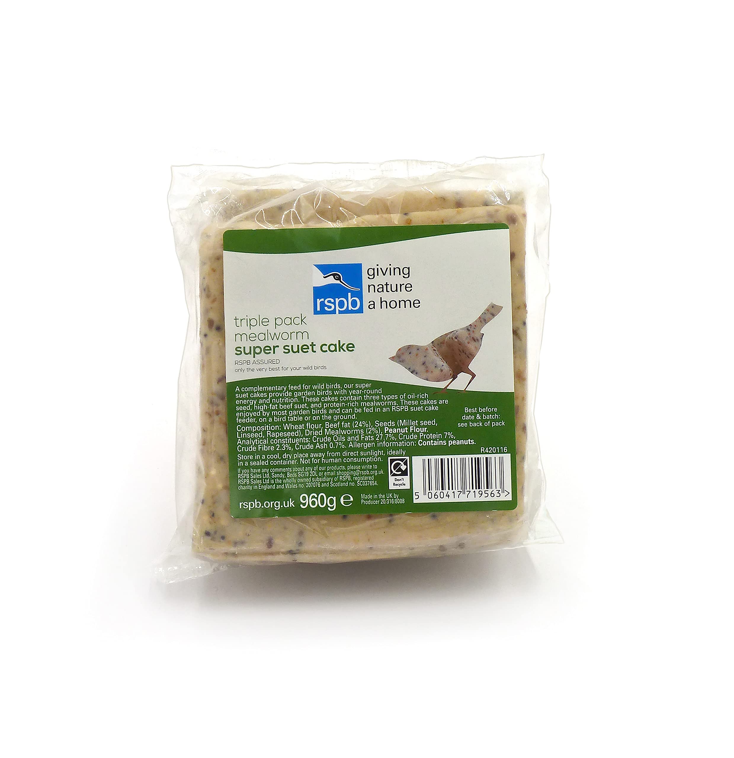 RSPB Super Suet Mealworm Cake 960g for Wild Garden Birds, 960 g (Pack of 1)