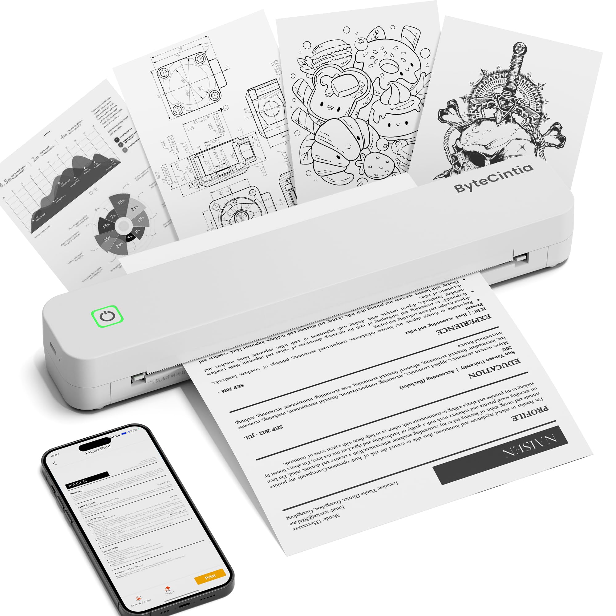 ByteCintia C80 Stampante Portatile A4,Stampante Termica Portatile compatibile con formato A4, stampante senza inchiostro compatibile con Android e iOS e laptop per ufficio, auto e casa