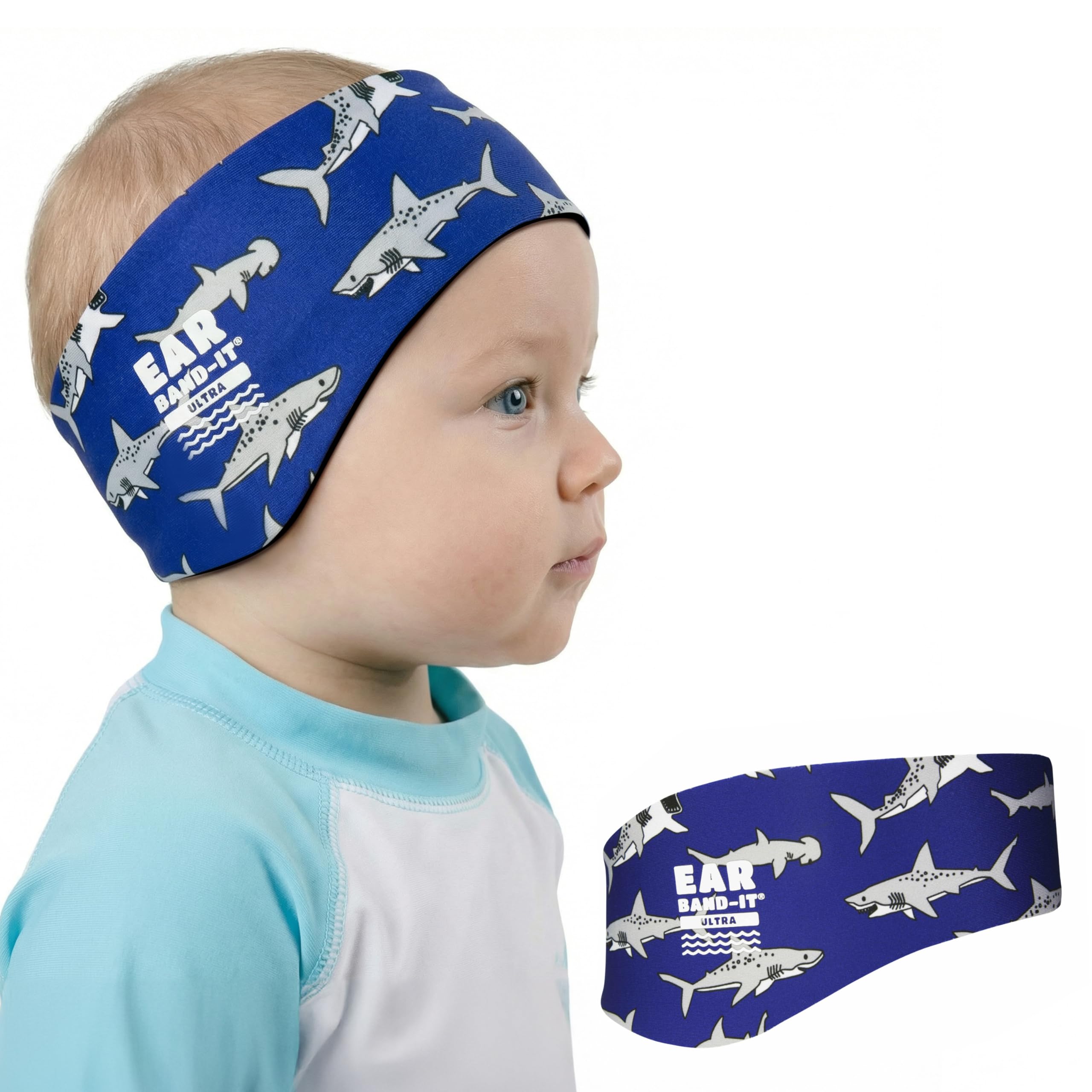 Ear Band-It Ultra Swimming Headband (Keep Water Out, Hold Earplugs in) Doctor Recommended Small (Ages 1-3) - Shark