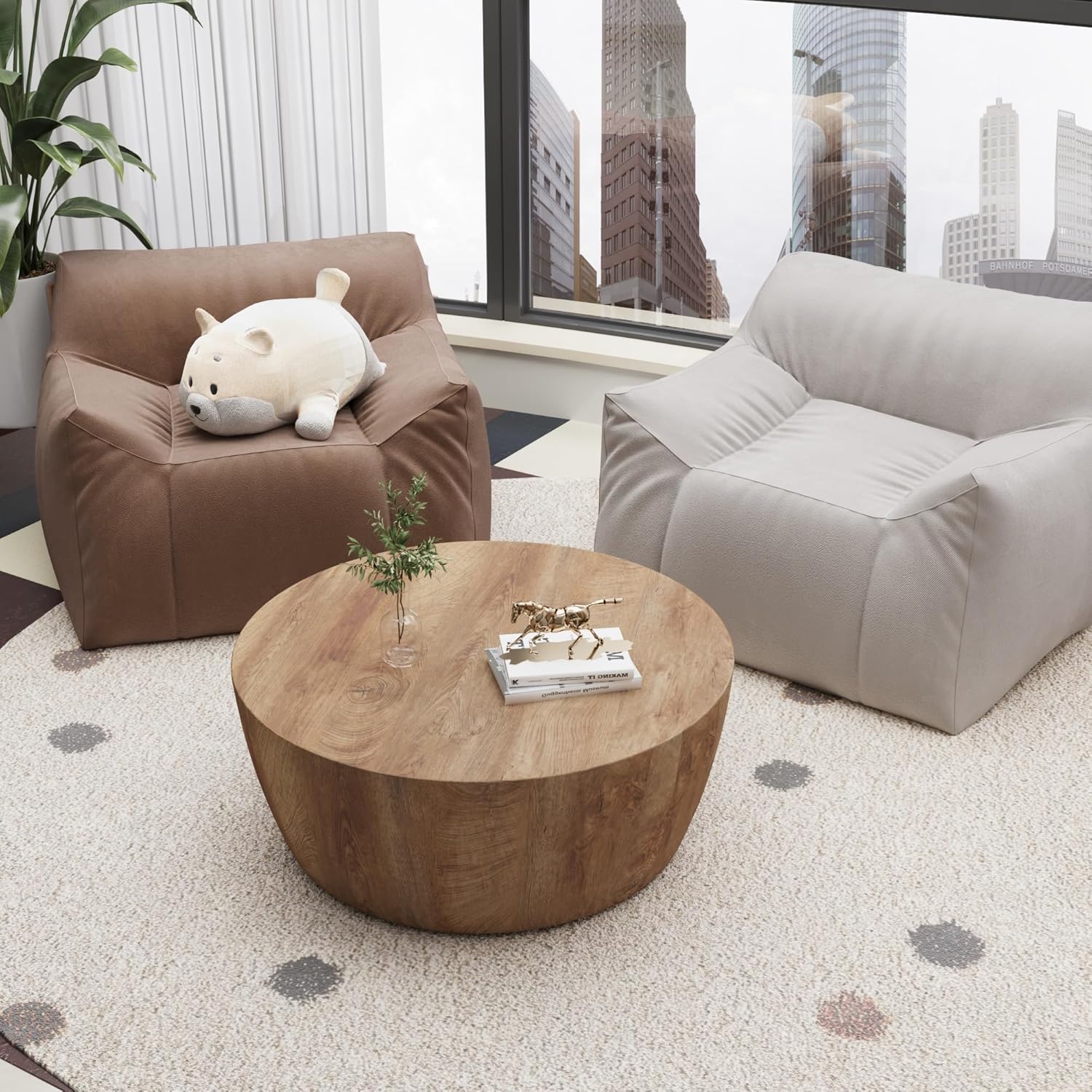 30" Round Coffee Table, Drum Coffee Tables for Living Room, Vintage Reversible Wooden Coffee Table, Mid Century Modern Center Table Tea Table for Bedroom or Office, No Need Assembly