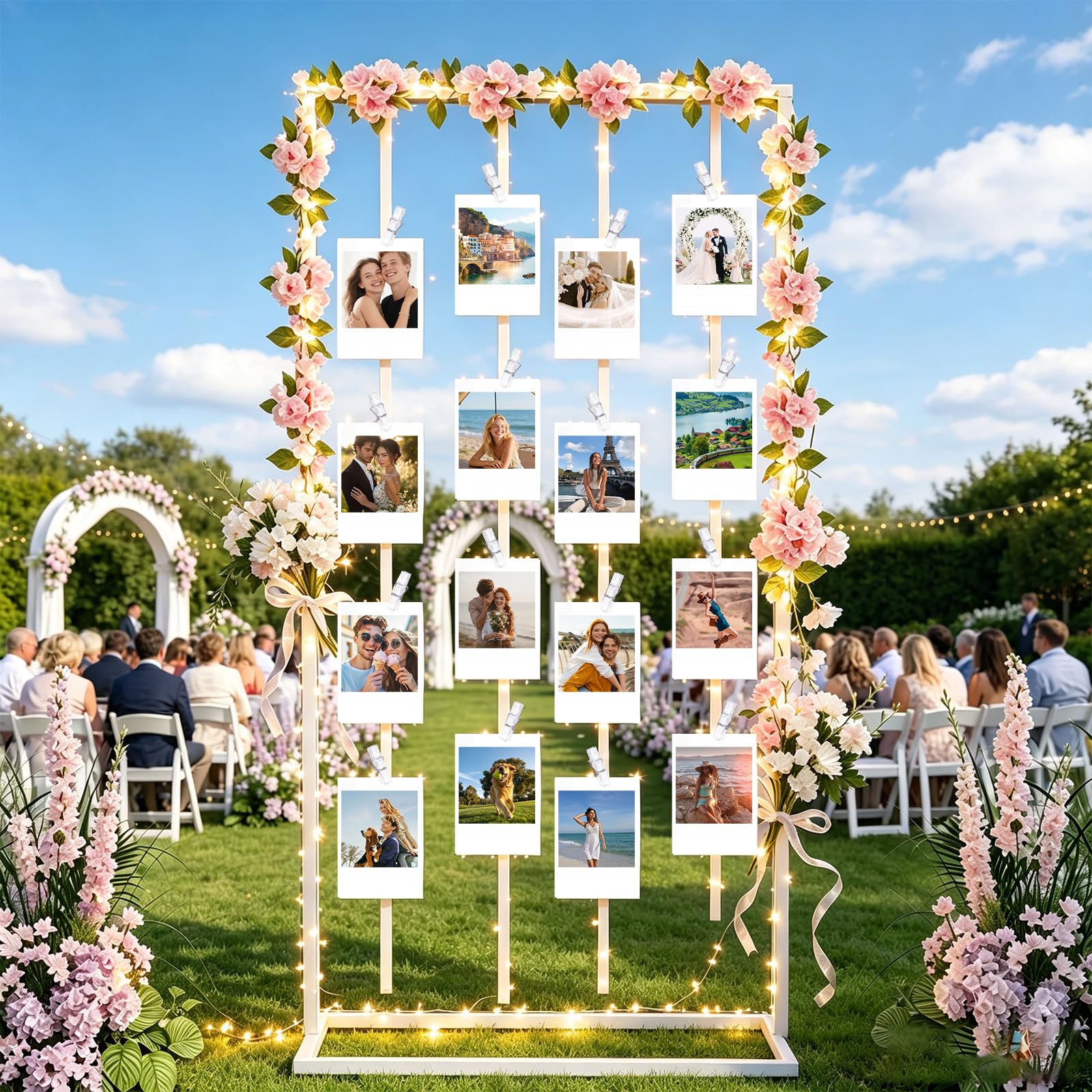 178 cm große Foto-Anzeigetafel mit 40 transparenten Clips und Band, Metall-Collage-Bilderrahmen, hängende Wanddekoration, Bilder-Organizer für Hochzeit, Abschlussfeier, Party, Grußkarten, Heimbüro