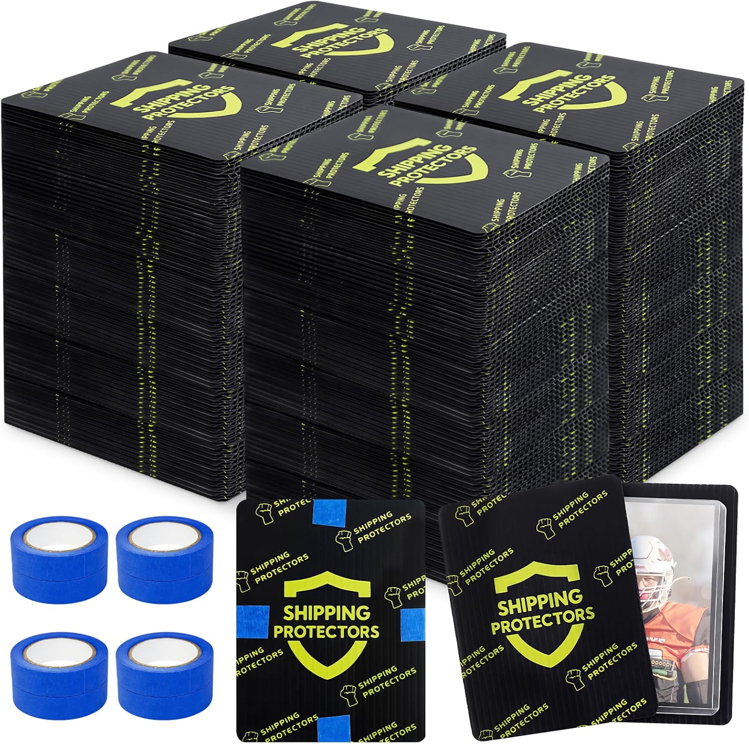 1000-Pack Trading Card Shipping Protectors 3.5'' x 4.5'' with 8 Rolls of Tape Heavy Duty Corrugated Sheet for Safe Shipping, Precut Card Mailers for Sports, MTG, and Collectible Cards (Black)