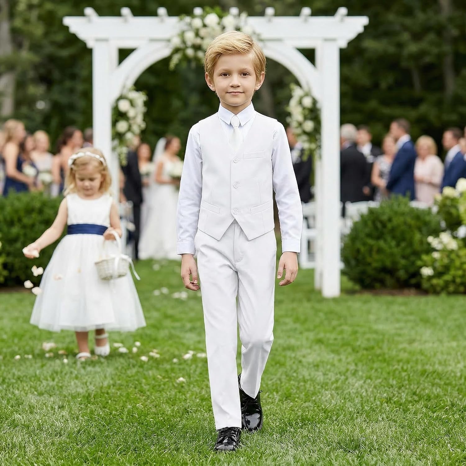 Boys 4 Pieces Suits Slim Fit Kids Outfits Vest Pants Sets Black Blue Formal Dresswear for Boy