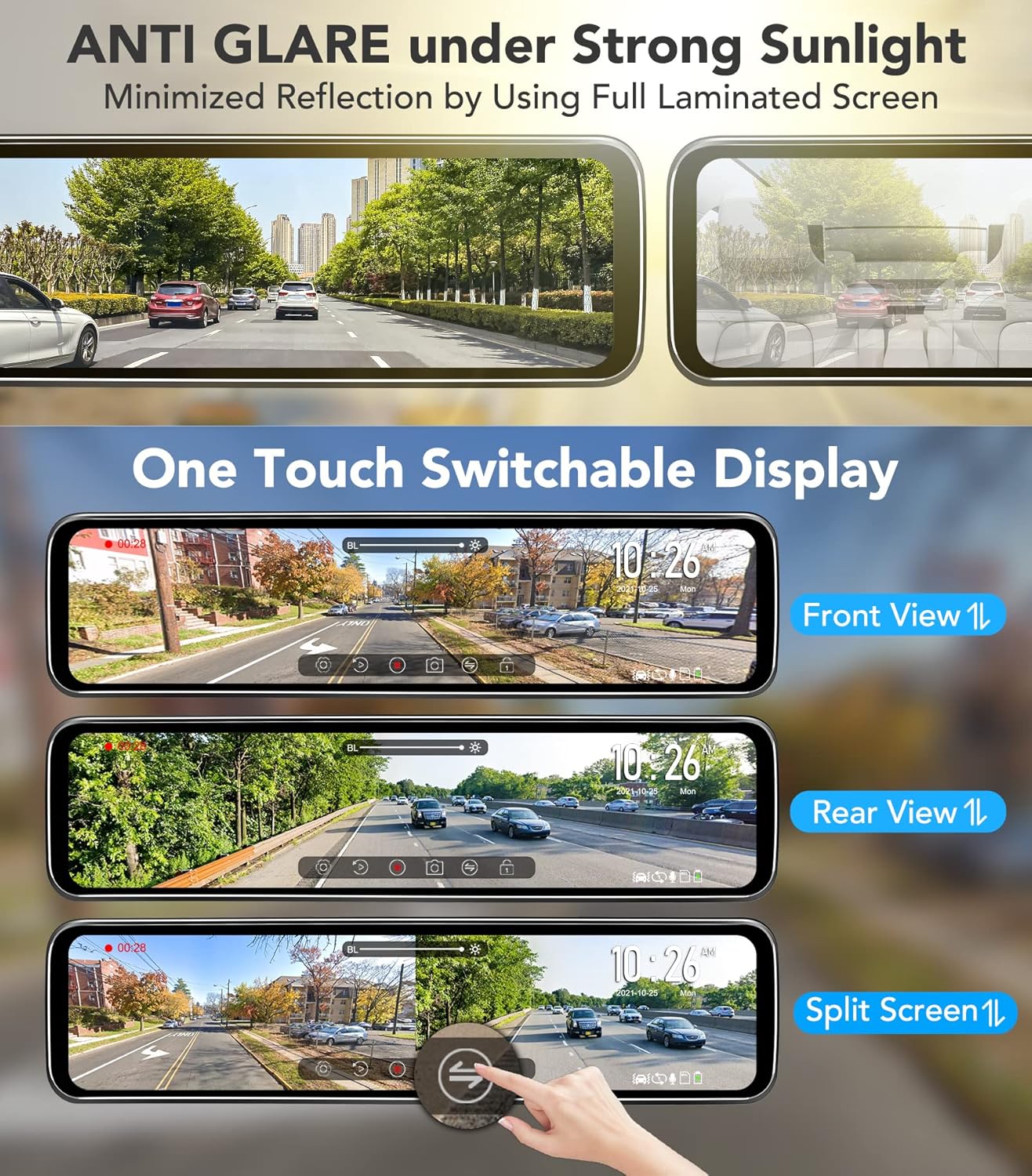 Anti-glare screen with options for front view, rear view, and split screen display
