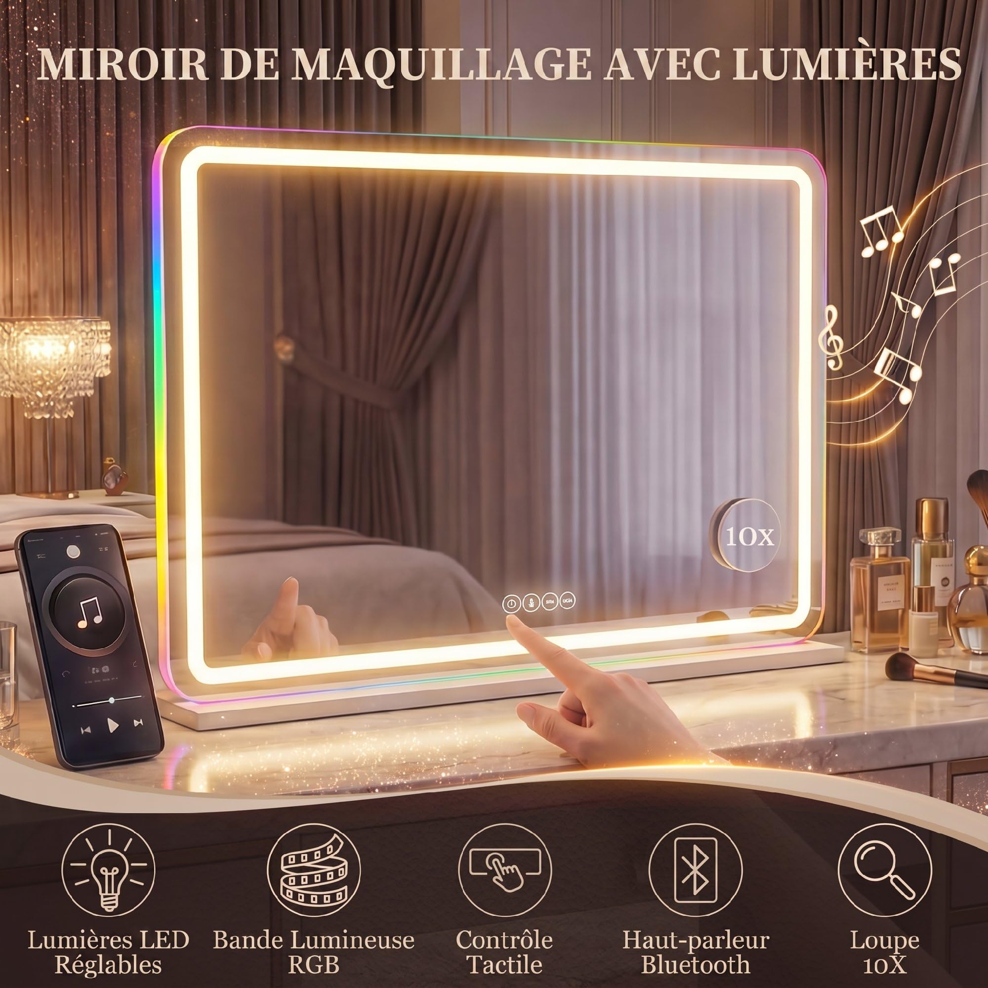 HOMCOM Miroir Maquillage Lumineux 80x60cm, Miroir Coiffeuse LED dimmable, lumière RGB, 3 températures de Couleur, Haut-Parleur Bluetooth, grossissant 10x, contrôle Tactile, sur Table/sur Mur, Blanc