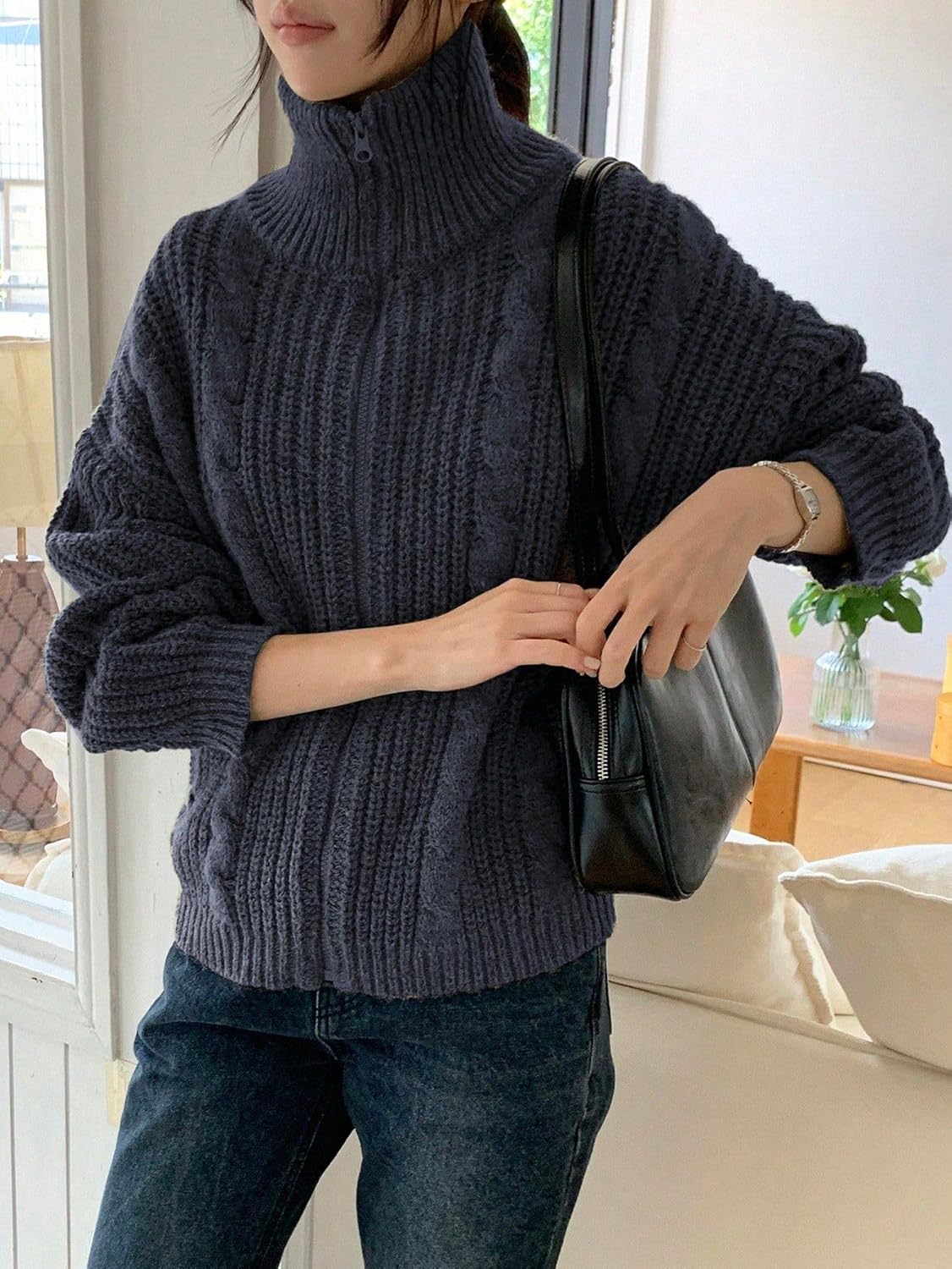 Oversized Chunky Cardigan Sweaters for Women Cable Knit Zipper Collar Warm Fall Cardigan Trendy - Image 4