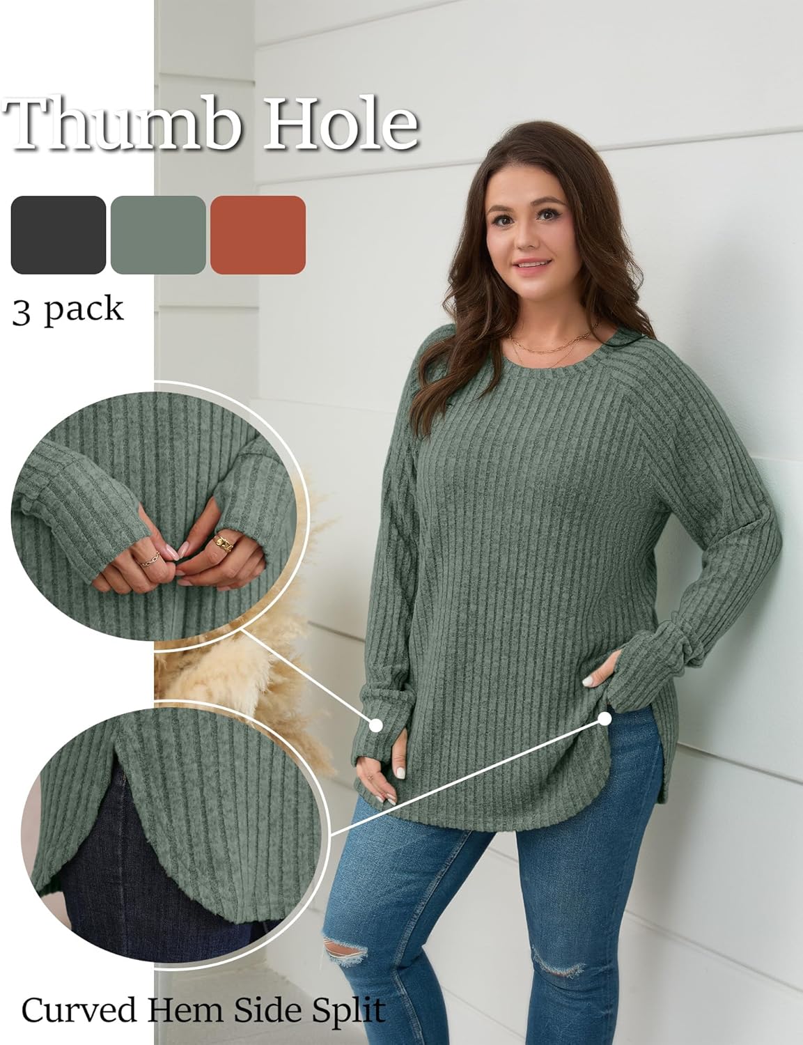 Riyiper 3 Pack Women's Plus Size Long Sleeve Sweaters, Curved Hem Side Split Crew Neck Loose Fall Tunic Tops with Thumb Hole - Image 3