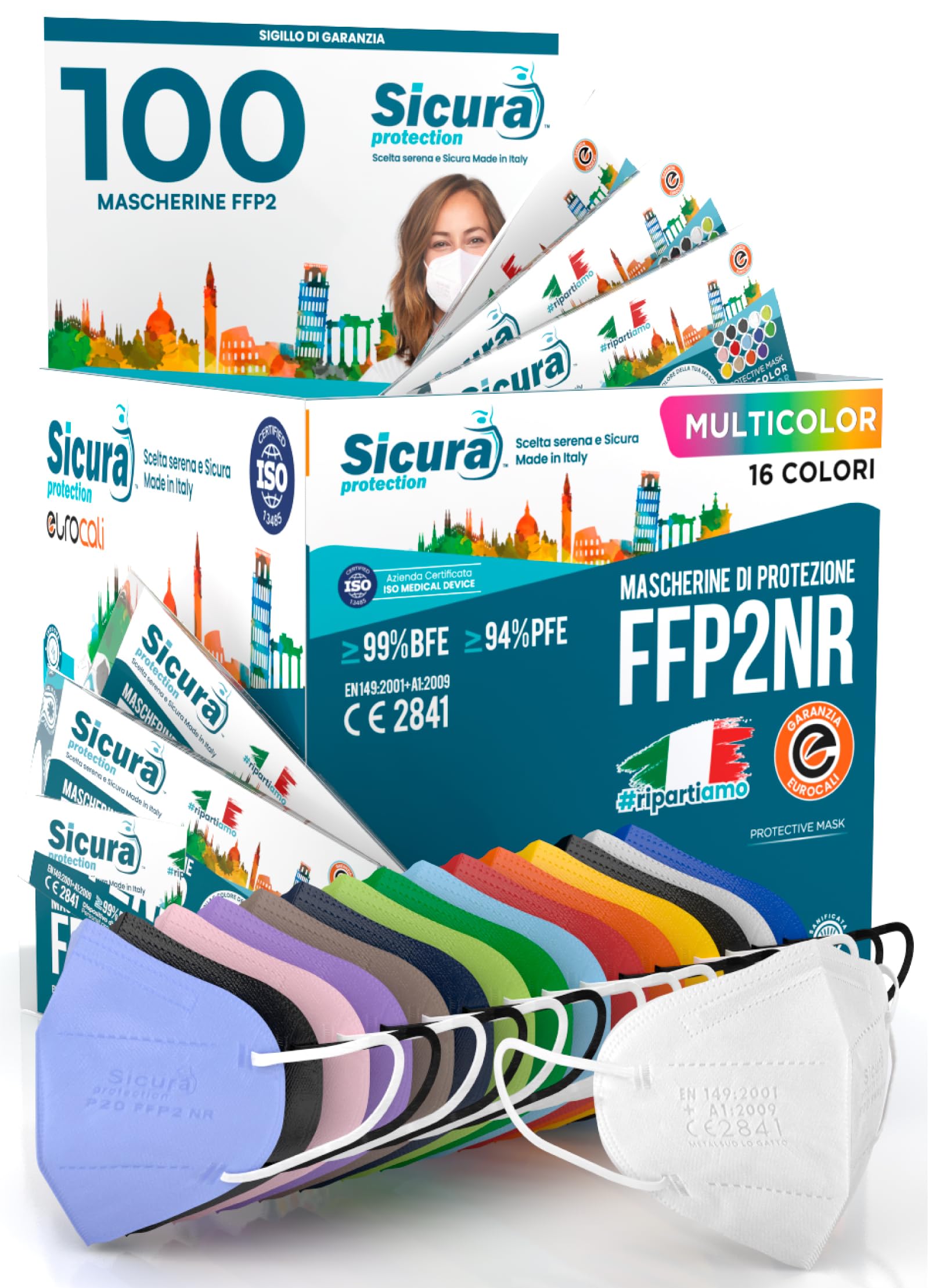 100 Mascherine FFP2 Certificate CE Colorate Mix 16 Colori SICURA Protection BFE ≥99% Made in Italy Mascherina ffp2 vera Marcatura EFFETTO PULITO