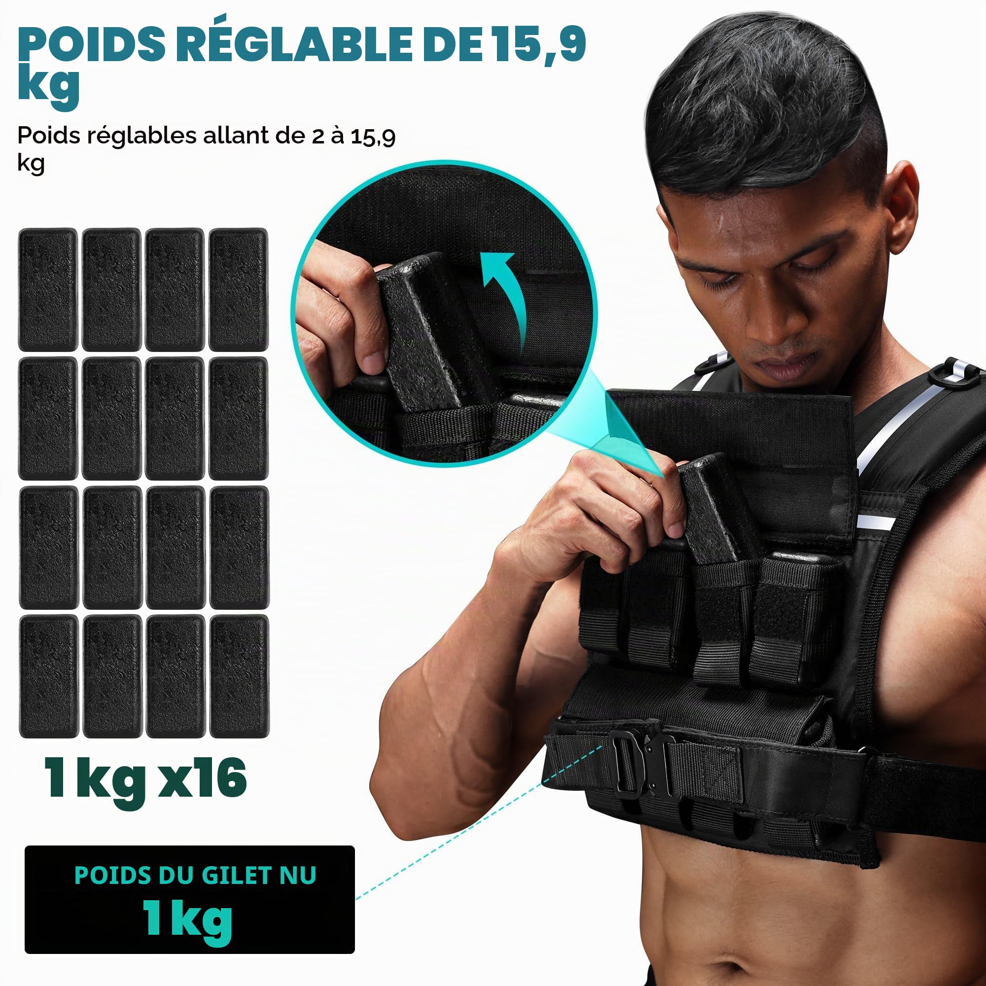 ONETWOFIT Gilet lesté réglable pour homme de 20kg, Veste lestée gilet de rucking pour la marche avec fermeture éclair, 16 poids en silicone/Fer,avec bandes réfléchissantes,Entraînement quotidien