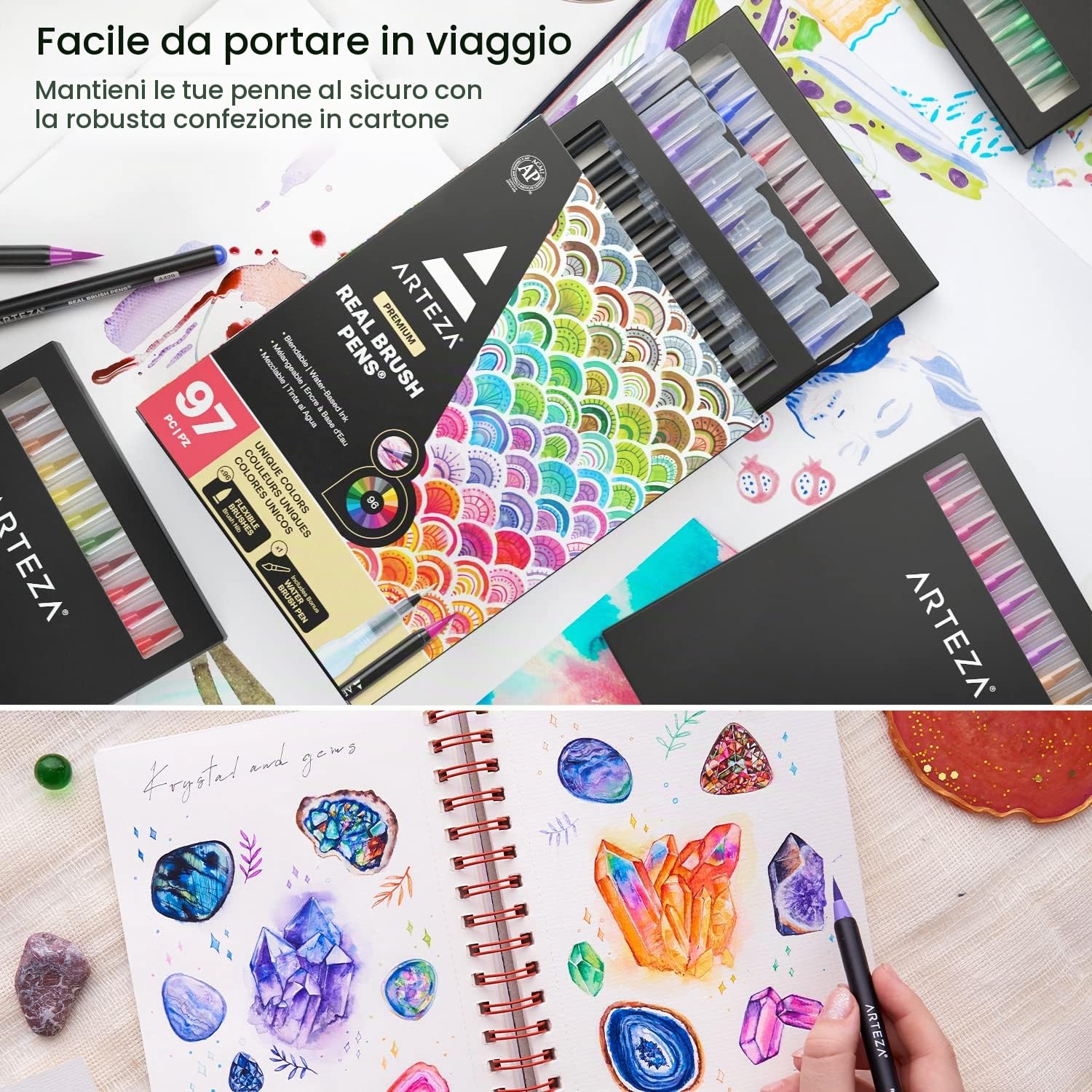 ARTEZA Pennarelli Acquerello Professionali, Punta Flessibile Morbida a Pennello, Set da 96 Colori Acquerellabili, Ideale da Viaggio