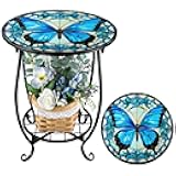 Cinnvoice Outdoor Side Table Round Small Mosaic Patio Accent Indoor End Plant Coffee Tea Table for Yard Porch Garden Patio Living Room, Bedroom (Butterfly C Style,14 Inch)