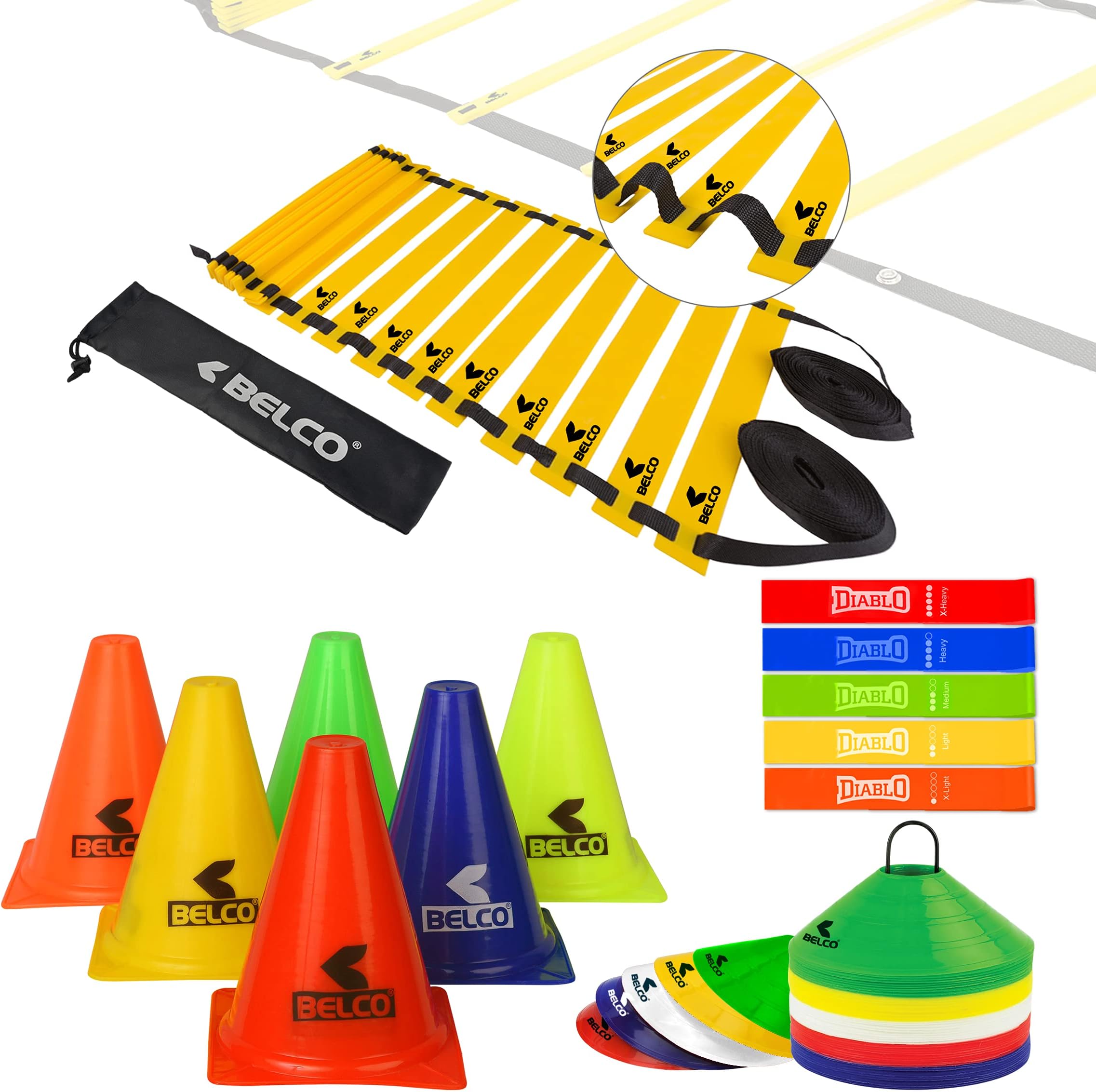BELCO SPORTS PVC Cones, Pack 6, 10 Space Markers and Ladder Agility, 4 Meter Combos (Multicolour, 6 Inch)