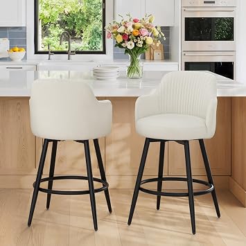 LUE BONA Swivel Bar Stools Set of 2, 26" Counter Height Bar Stools with Ergonomic Semi-Enclosed Back, Fabric Upholstered Barstools with Spring Cushion for Kitchen Island, Beige