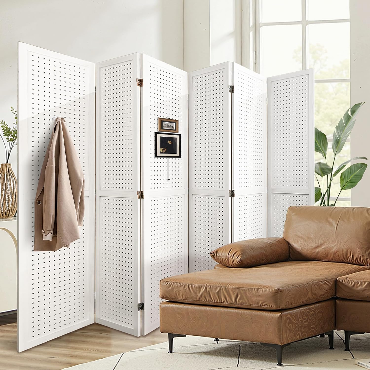 6 Panel Room Divider with Pegboard Display 5.6FT Wood PegBoard Room Dividers, Folding Privacy Screens Portable Freestanding Partition Wall Divider for Art Shows & Room Separation, White White 6 Panel-Pegboard Display