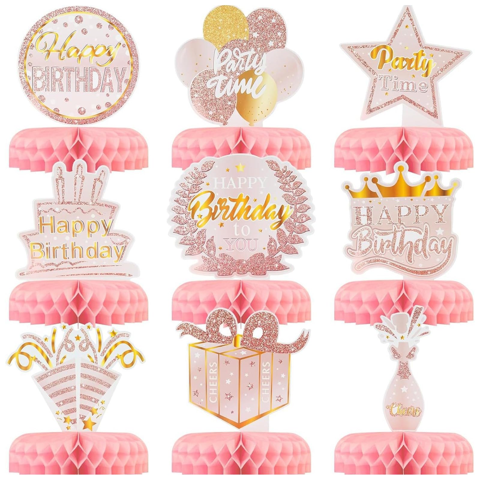 9PCS Birthday Honeycomb Decorations,Reusable Table Centerpieces Decorations,Happy Birthday Party Supplies for Women Girls（Rose Gold）