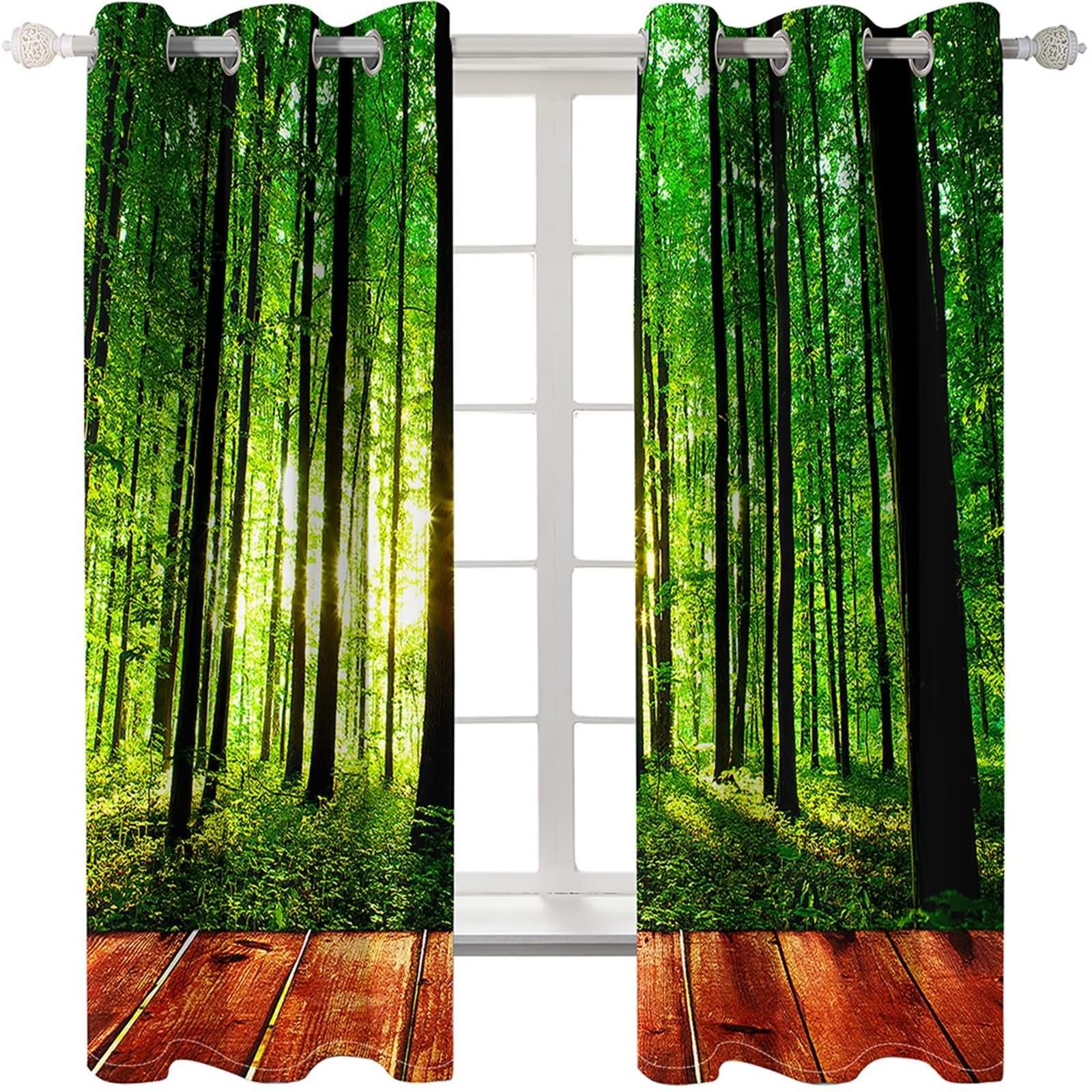 Homxi Drapes for Dining Room Blackout 2 Panels Set,2 x 34W x 90H in,Bedroom Curtain Grommet Trees and Sunshine Landscape Green Black Kitchen Curtains Thermal