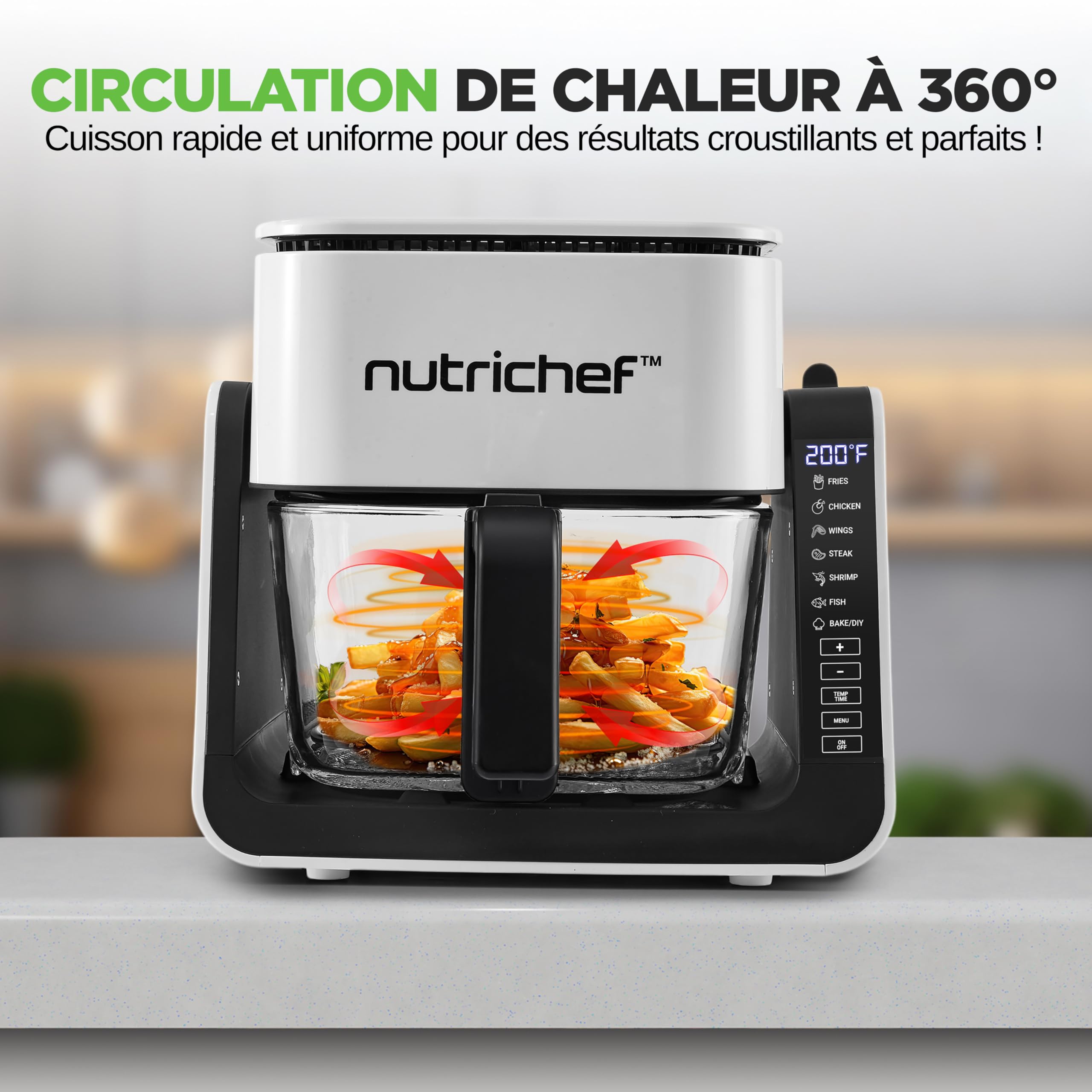 NutriChef Friteuse à Air avec Gril 1500W – Air Fryer à Bol en Verre Transparent 4L & Gril 1,2L, Double Niveau, 8 Programmes | Friteuse Sans Huile Frites, Ailes, Steaks