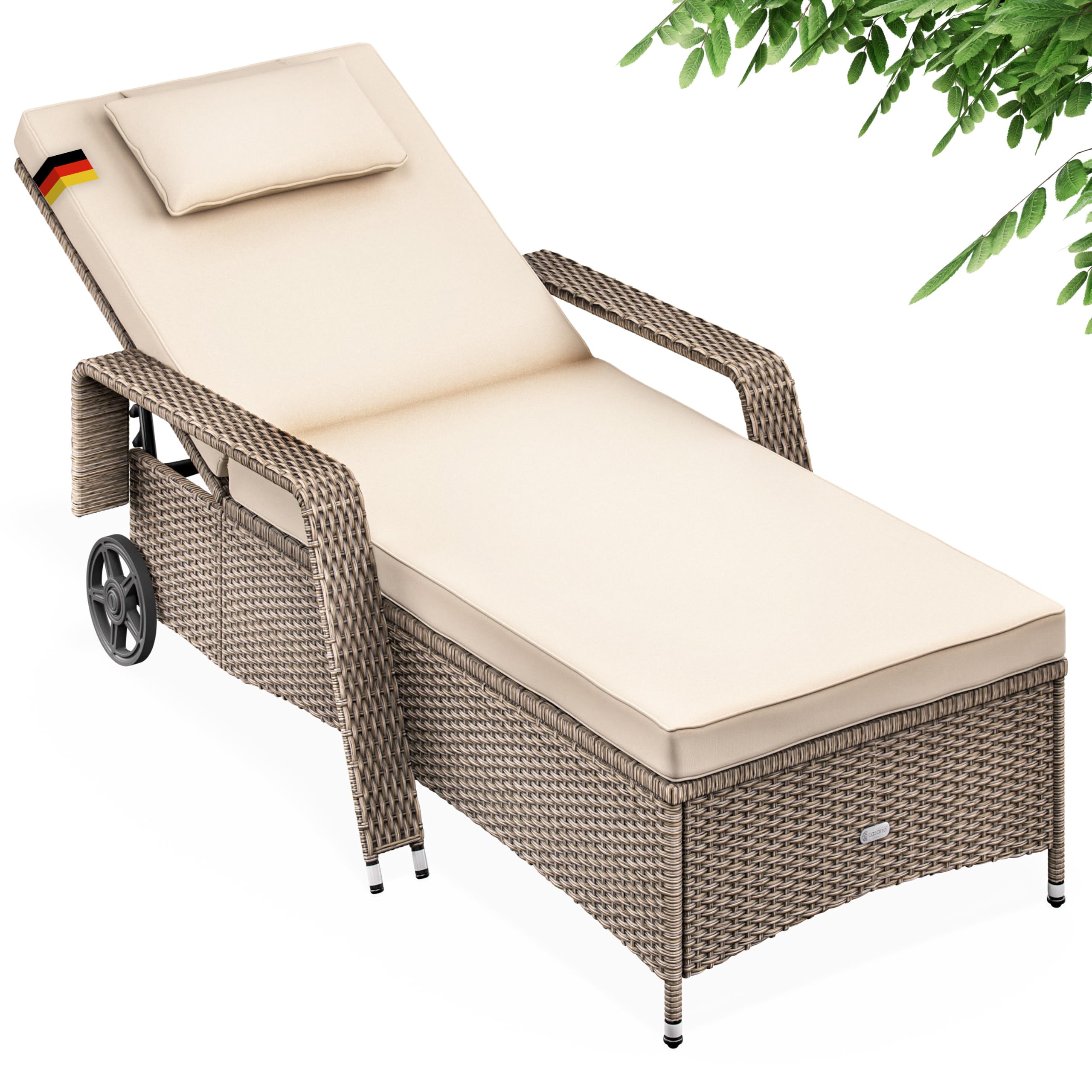 CASARIA® Tumbona Jardín Poliratán hasta 160kg 193x90cm Respaldo Regulable Acolchado 7cm Cojín 2 Ruedas Crema | Tumbona de jardín, resistente a la intemperie, soporta 165 kg, terraza, balcón, tumbona reclinable, polirratán