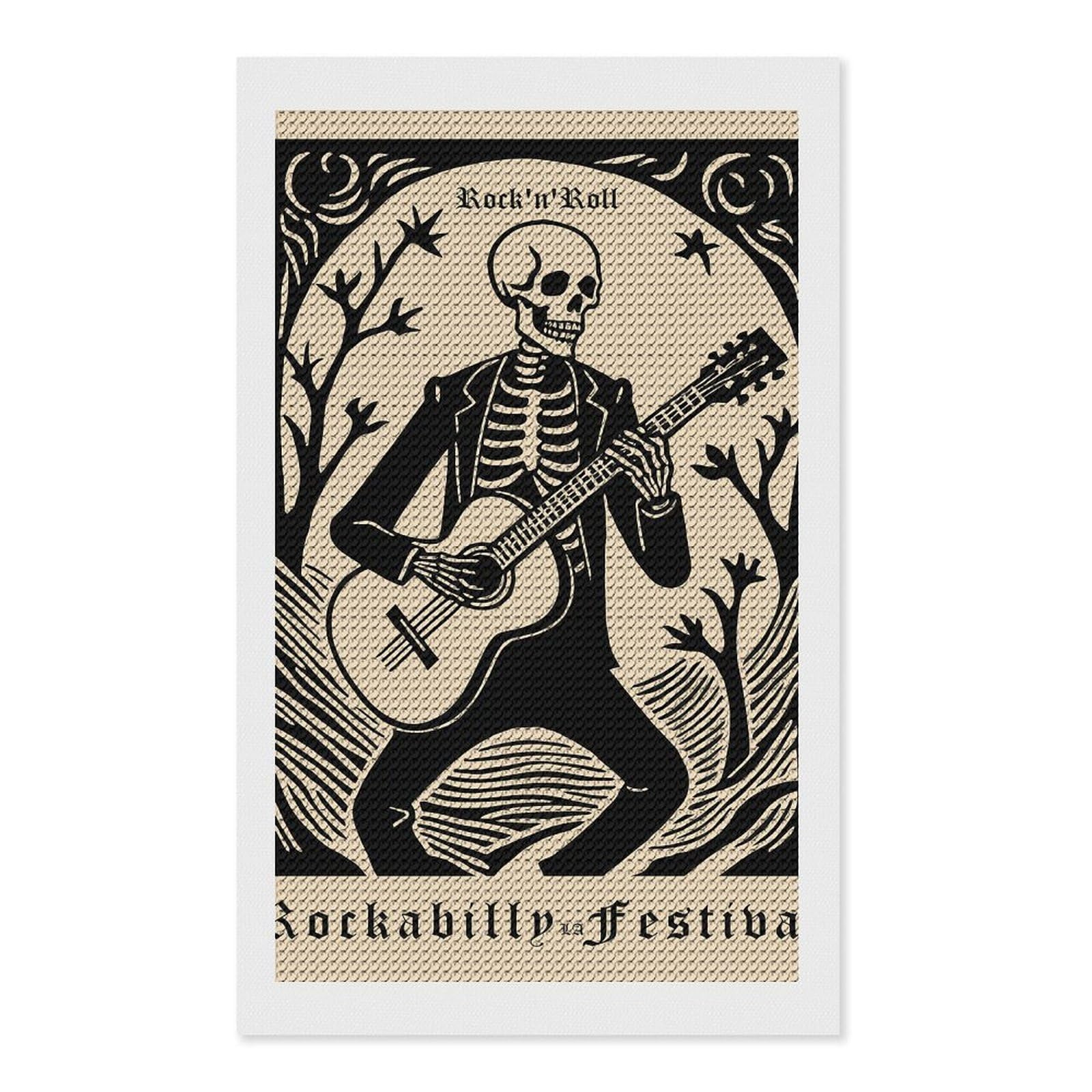 Junmoney RocknRoll Rockabilly Festival Skeleton Guitarist Crystal Diamond Art Kit 12"x20", Stress Relief Craft, Decorative Artwork, Vintage Style Decor, Birthday Gift